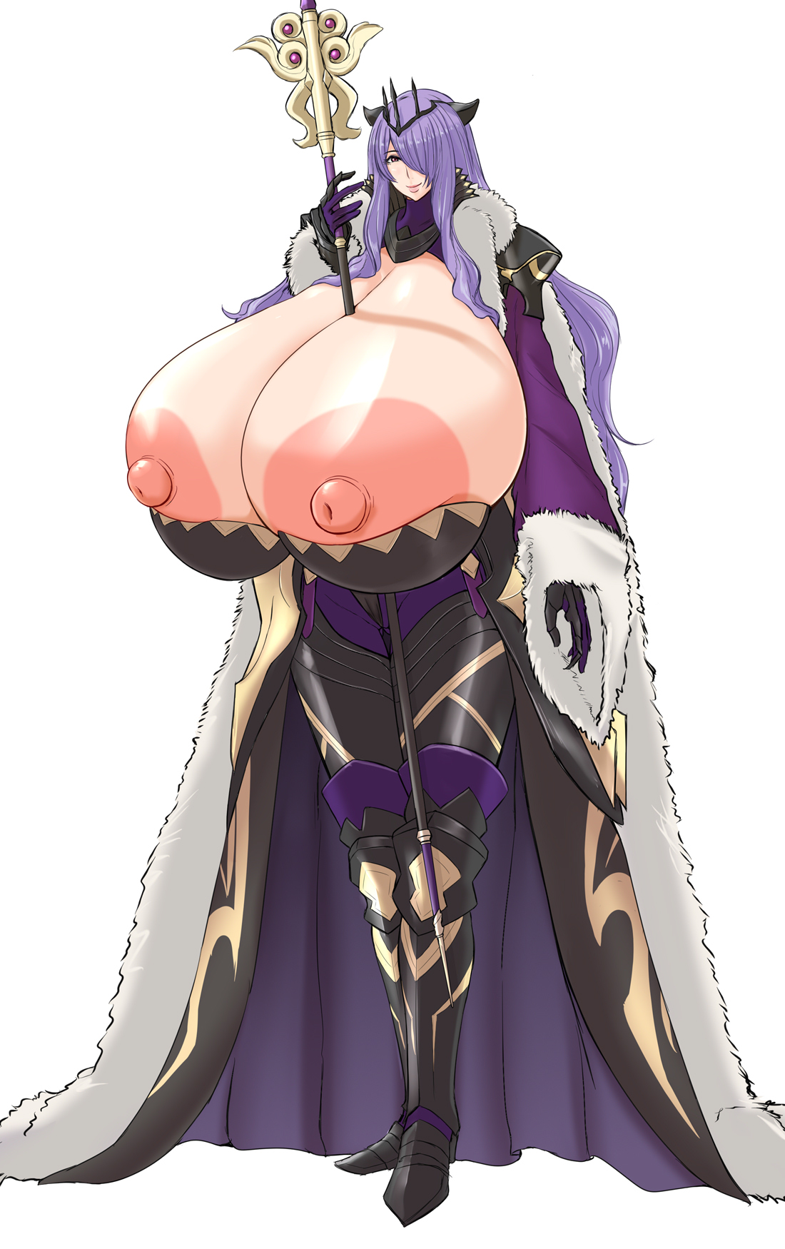1girls, alternate costume, aokuro, between breasts, breasts, camilla (fire emblem), cape, crown, female, fire emblem, fire emblem fates, fire emblem heroes, full body, gigantic breasts, gloves, hair over one eye, huge nipples, hyper breasts, long hair, looking at viewer, mostly clothed, nintendo, nipples, official alternate costume, purple eyes, purple hair, smile, solo, staff, very long hair, white background