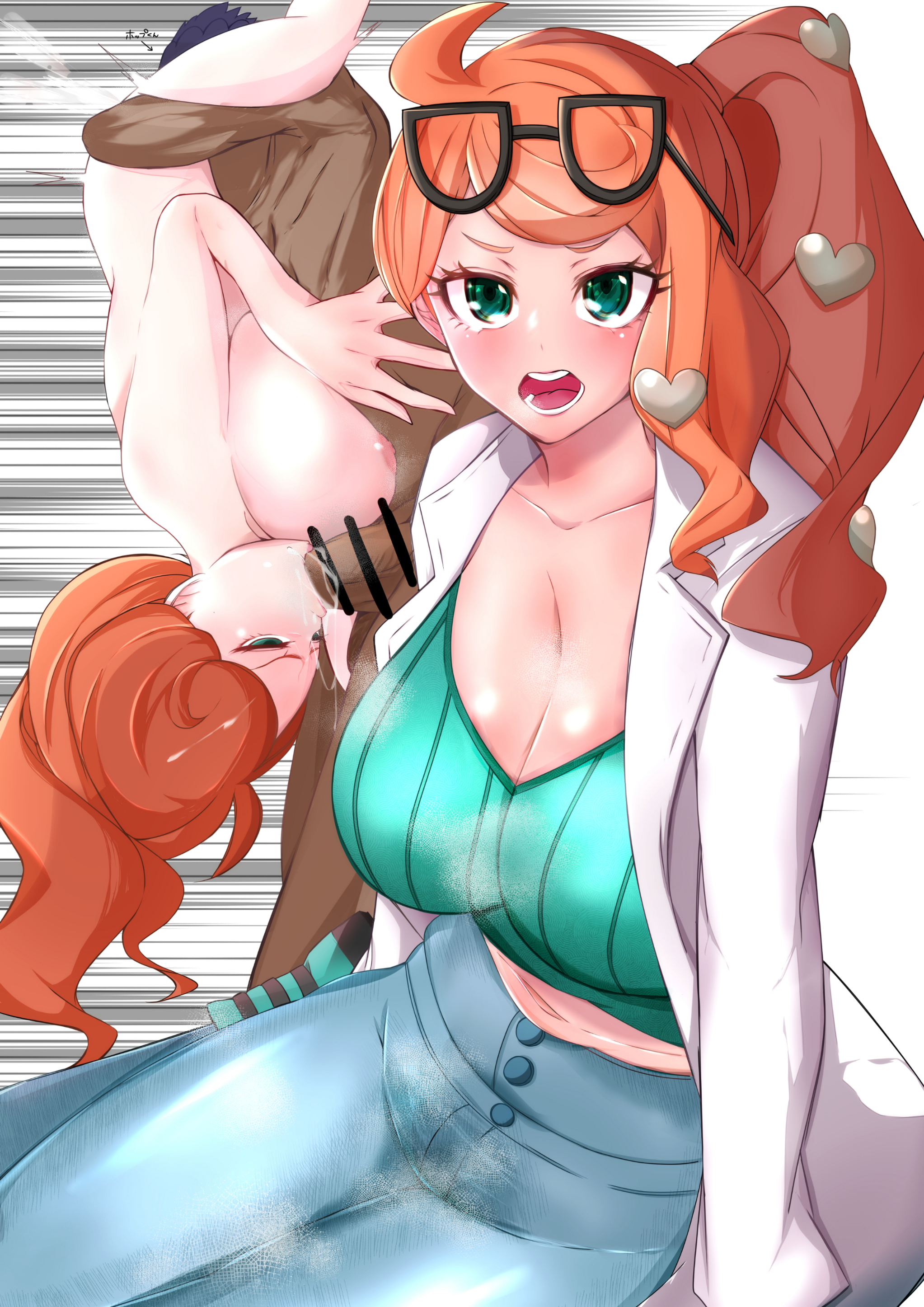 1boy, 1girls, 69, alternate breast size, areolae, big breasts, blowjob, breasts, censored, cunnilingus, dark skin, dark-skinned male, eyewear on head, faceless male, fellatio, female, green eyes, huge breasts, kikikitama, large breasts, light skin, light-skinned female, long hair, male, nintendo, nipples, oral, orange hair, pale skin, pale-skinned female, pokemon, pokemon professor, pokemon ss, ponytail, saliva, side ponytail, sonia (pokemon), steaming body, sunglasses on head