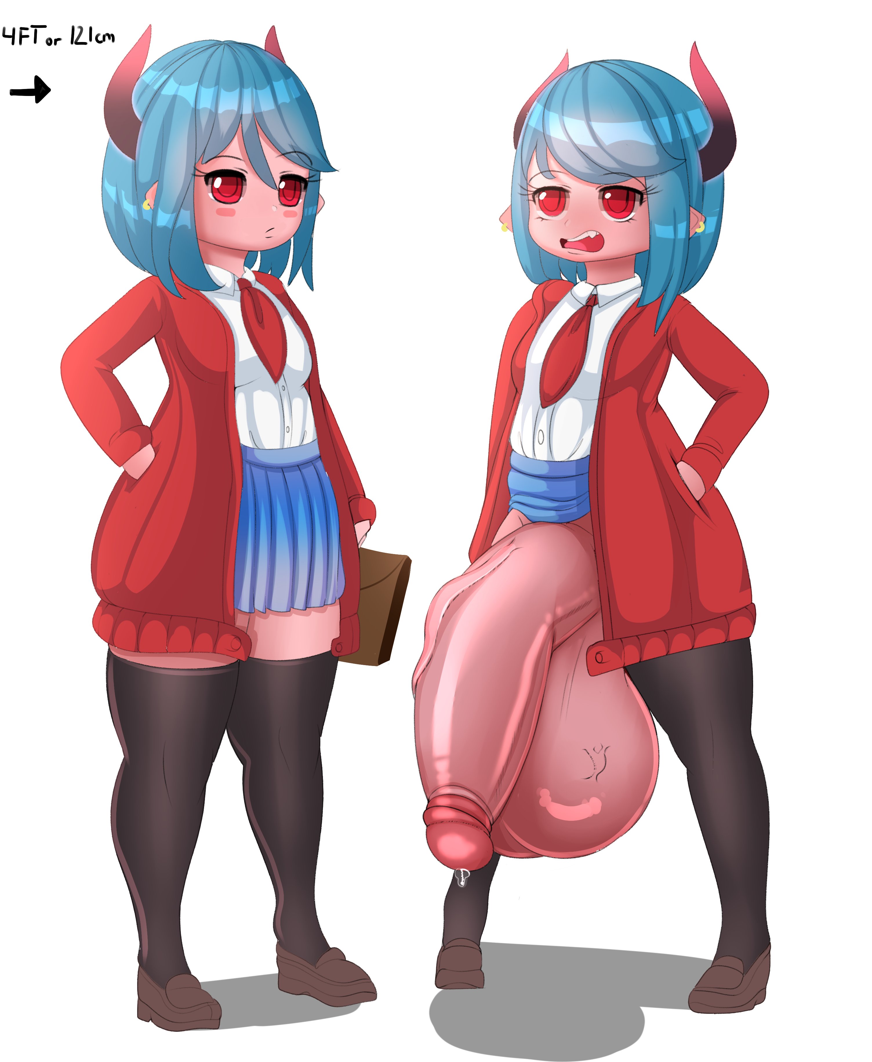 1futa, 1girls, balls, blue hair, clothed, clothing, cum, dickgirl, female, fladdy, fladdykin, fully clothed, futa with female, futanari, horns, huge balls, huge cock, huge testicles, humanoid, humanoid penis, hyper balls, hyper penis, intersex, light skin, light-skinned female, light-skinned futa, mostly clothed, pale skin, penis, precum, shortstack, small but hung, solo, standing, testicles, thighhighs