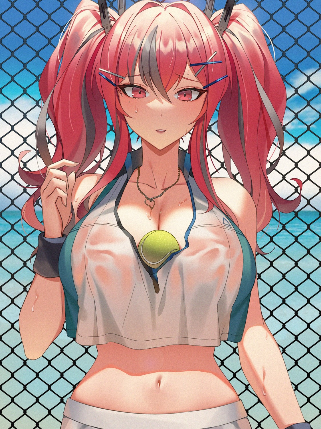 artist request, azur lane, ball (object), bare shoulders, beauty mark, belly button, big breasts, blush, blushing profusely, breasts, bremerton (azur lane), bremerton (scorching-hot training) (azur lane), cleavage, clothed, clothing, crop top, female, hair ornament, huge breasts, looking at viewer, midriff, mole on breast, mole under eye, necklace, nervous, object between breasts, pink eyes, pink hair, revealing clothes, seaside, seductive, see-through clothing, skimpy, skimpy clothes, skirt, sleeveless, smile, sweat, sweating, tagme, tennis racket, tennis uniform, thick thighs, thin waist, toned, toned female, two-tone hair, wet clothes, wide hips