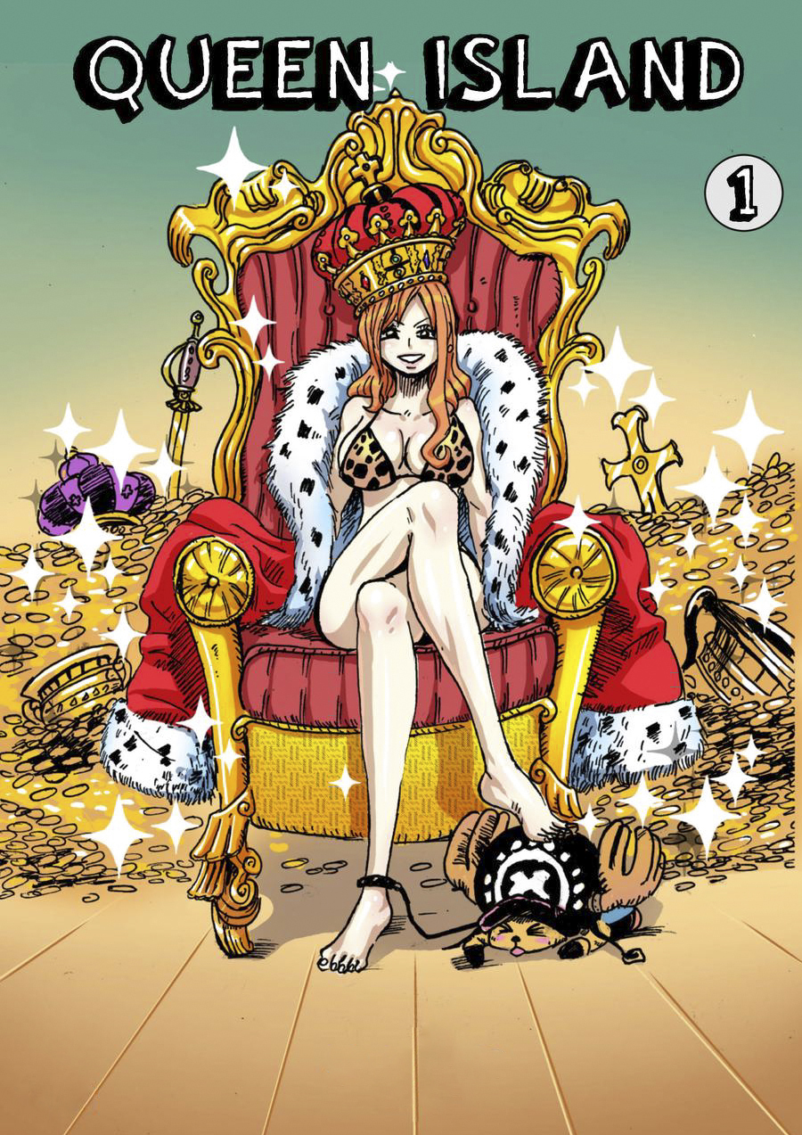 doujinsak, feet, feet on face, female, femdom, foot fetish, foot lick, foot worship, leashed, male, nami (one piece), one piece, orange hair, post-timeskip, sitting, sitting on chair, smirk, throne, tony tony chopper