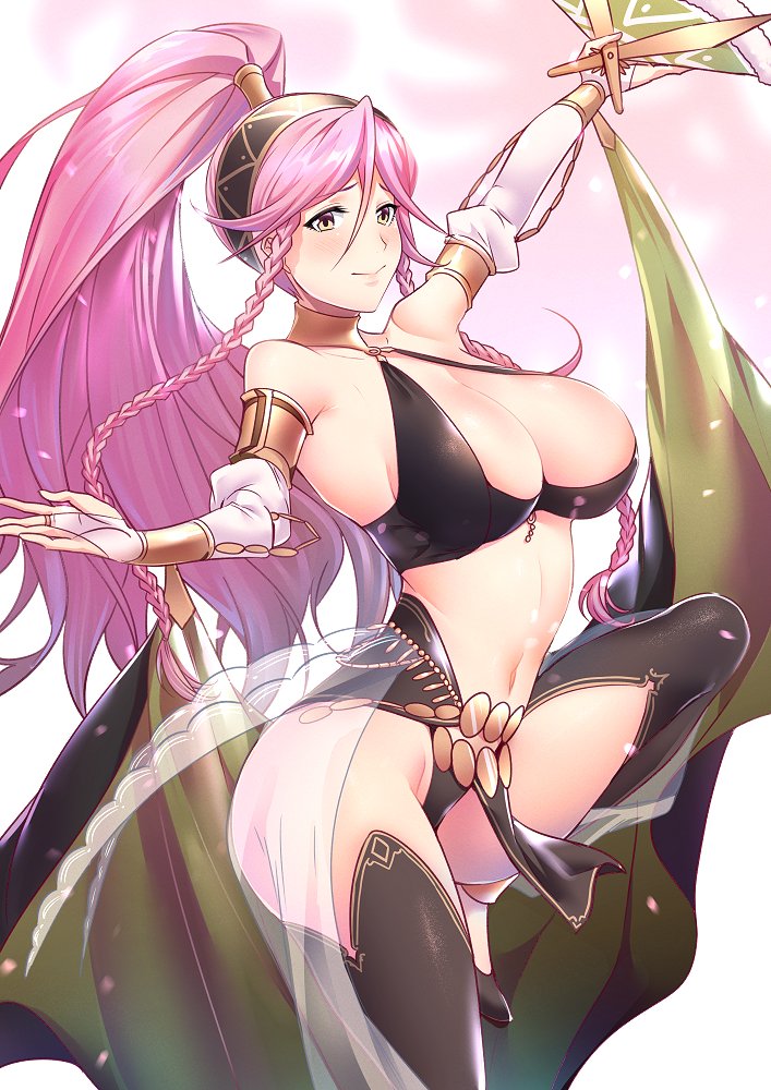 1girls, alternate costume, ameno (a meno0), arabian clothes, armpits, bare shoulders, bare thighs, belly dancer, belly dancer outfit, big breasts, braid, breasts, cleavage, clothed female, dancer, dancer outfit, dancing, female, female focus, female only, fire emblem, fire emblem awakening, fire emblem heroes, hand fan, harem outfit, high ponytail, large breasts, lips, long hair, looking at viewer, meno, midriff, nintendo, olivia (fire emblem), pink eyes, pink hair, ponytail, solo, solo female, solo focus, thighs, twin braids, veil, very long hair, yellow eyes