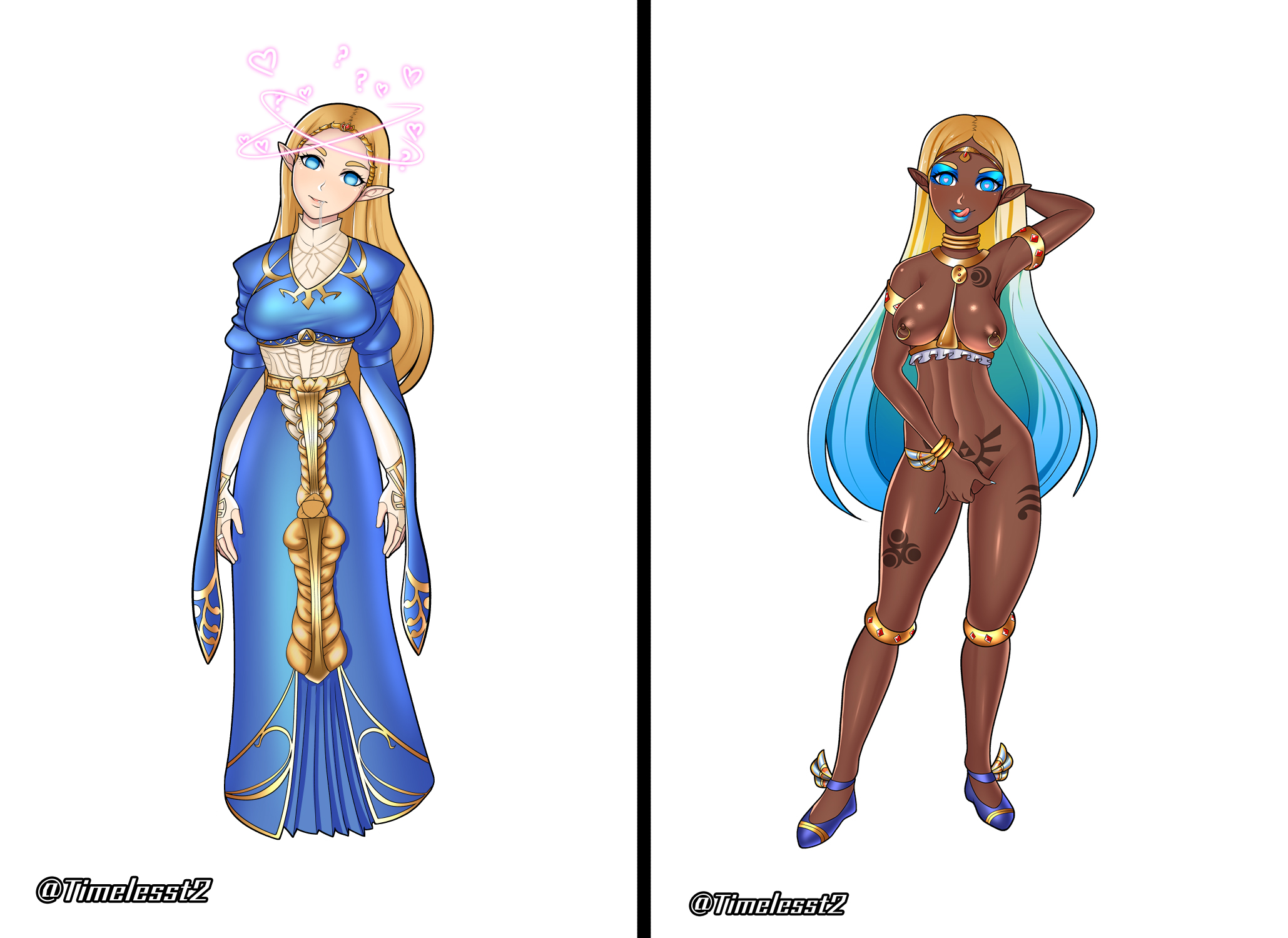 areolae, armlet, armpits, athletic, athletic female, before and after, big breasts, bimbo, bimbofication, blonde hair, blue makeup, bracelet, breasts, breath of the wild, busty, clothing, corruption, dark skin, dark-skinned female, demigoddess, dress, drool, drooling, evolution, eyeshadow, female, female focus, female only, fingering, full body, fully clothed, ganguro, gyaru, heart-shaped pupils, horny, hourglass figure, hylian, hypnosis, kogal, licking lips, light skin, light-skinned female, lipstick, long hair, makeup, mark of din, mark of farore, mark of nayru, mascara, masturbation, mind control, nail polish, navel, nintendo, nipples, nude, nude female, nudity, piercing, pointy ears, pose, posing, princess, princess dress, princess zelda, pussy, raceplay, saliva, solo, standing, tagme, tattoo, the legend of zelda, timeless-t, tongue, tongue out, transformation, vagina, wide hips, zelda (breath of the wild)