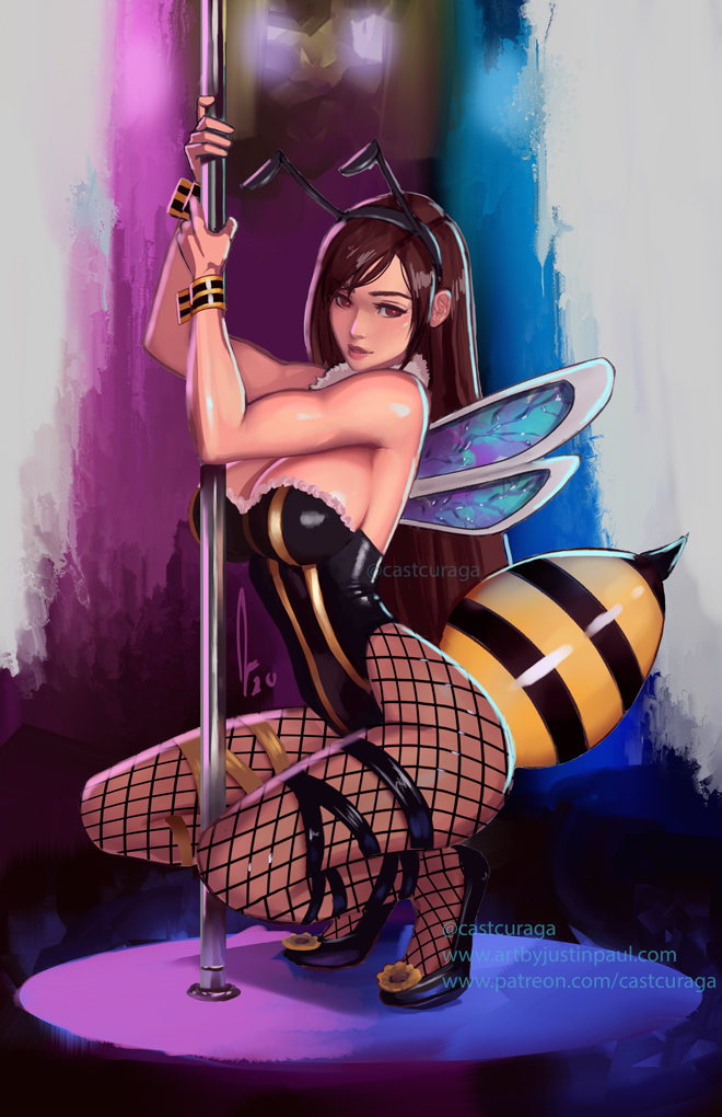 1girls bee_costume bee_girl brown_hair castcuraga cleavage costume female female_only final_fantasy final_fantasy_vii final_fantasy_vii_remake fishnet_legwear fishnets honeybee_inn_uniform insect_wings long_hair pole pole_dancing solo square_enix tifa_lockhart wrist_cuffs