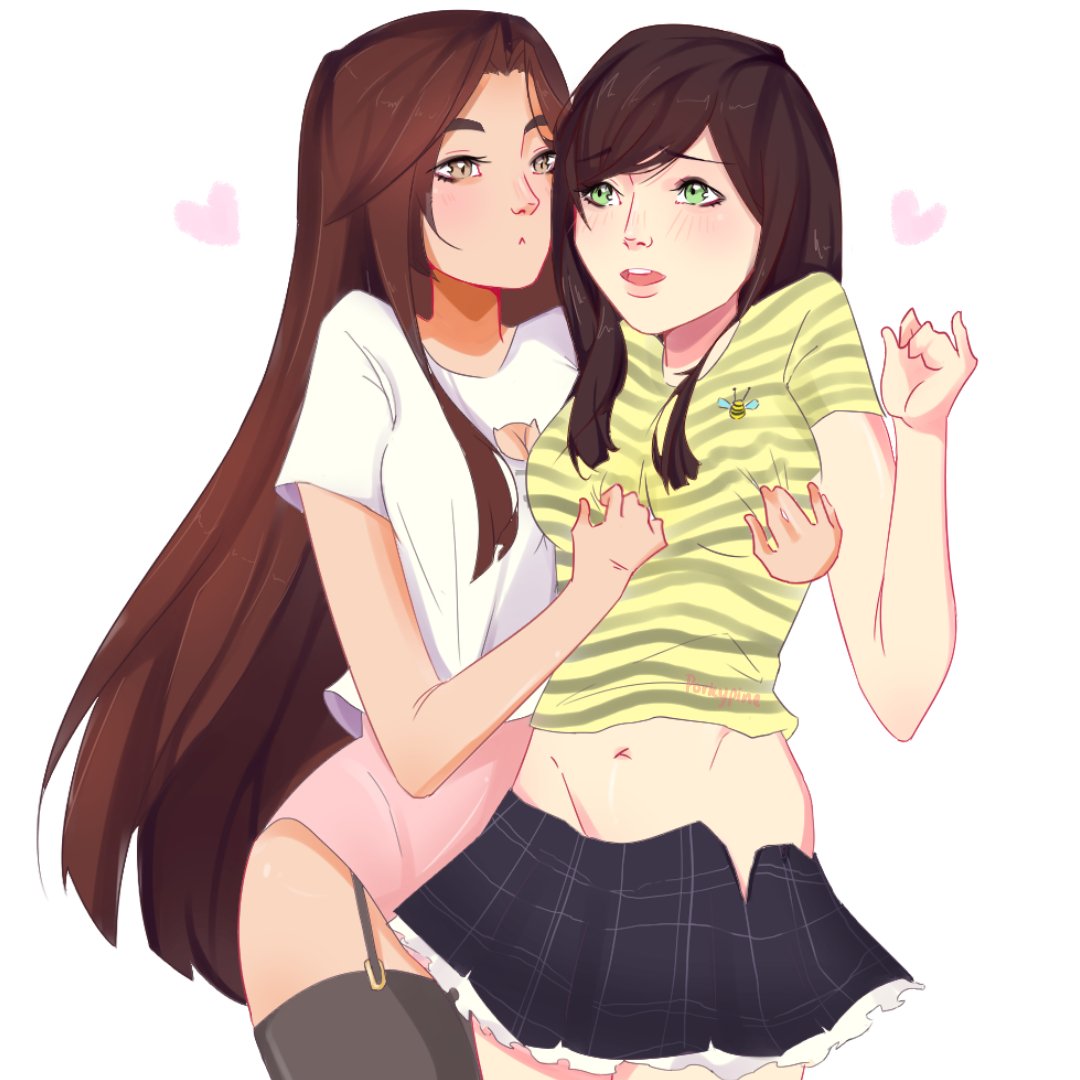 2girls black_thighhighs bordie brown_eyes brown_hair cat_cutout cleavage_cutout cute duo duo_focus female female_focus female_only fully_clothed green_eyes groping groping_breasts groping_from_behind groping_through_clothes hands_on_breasts height_difference heyimbee instagram long_hair lumiixq miniskirt molestation short_hair skirt tagme thighhighs twitch.tv undressing white_shirt youtube youtuber yuri