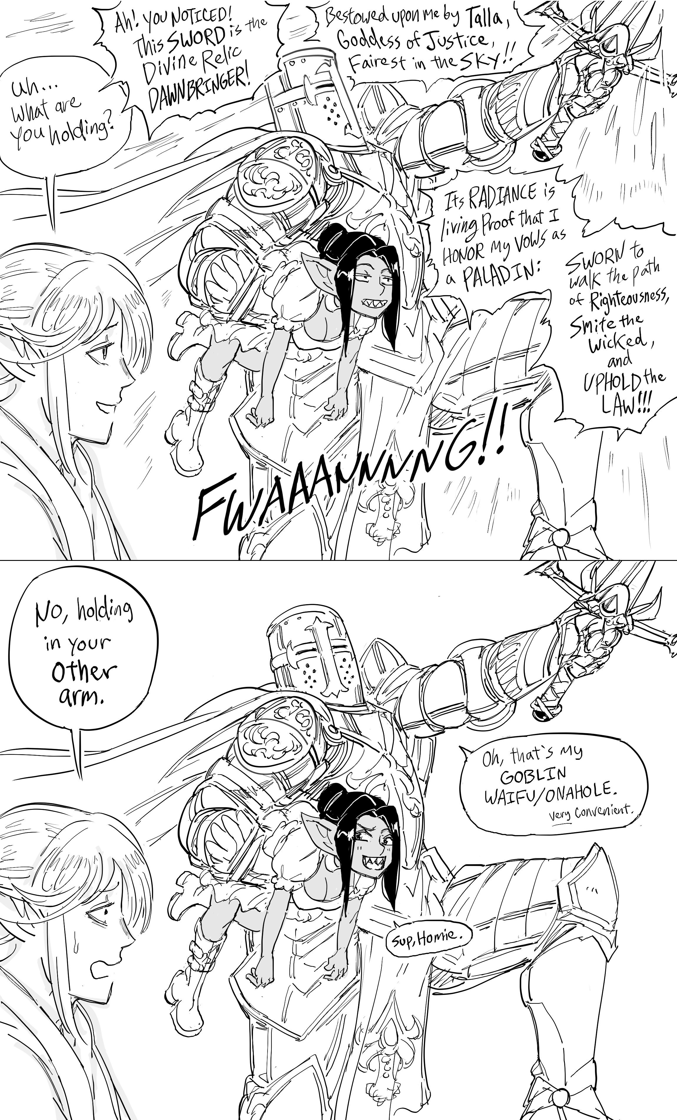 absurd res, armor, bb (baalbuddy), black hair, breasts, english text, female, goblin, goblin female, humor, knight, monochrome, sharp teeth, sword