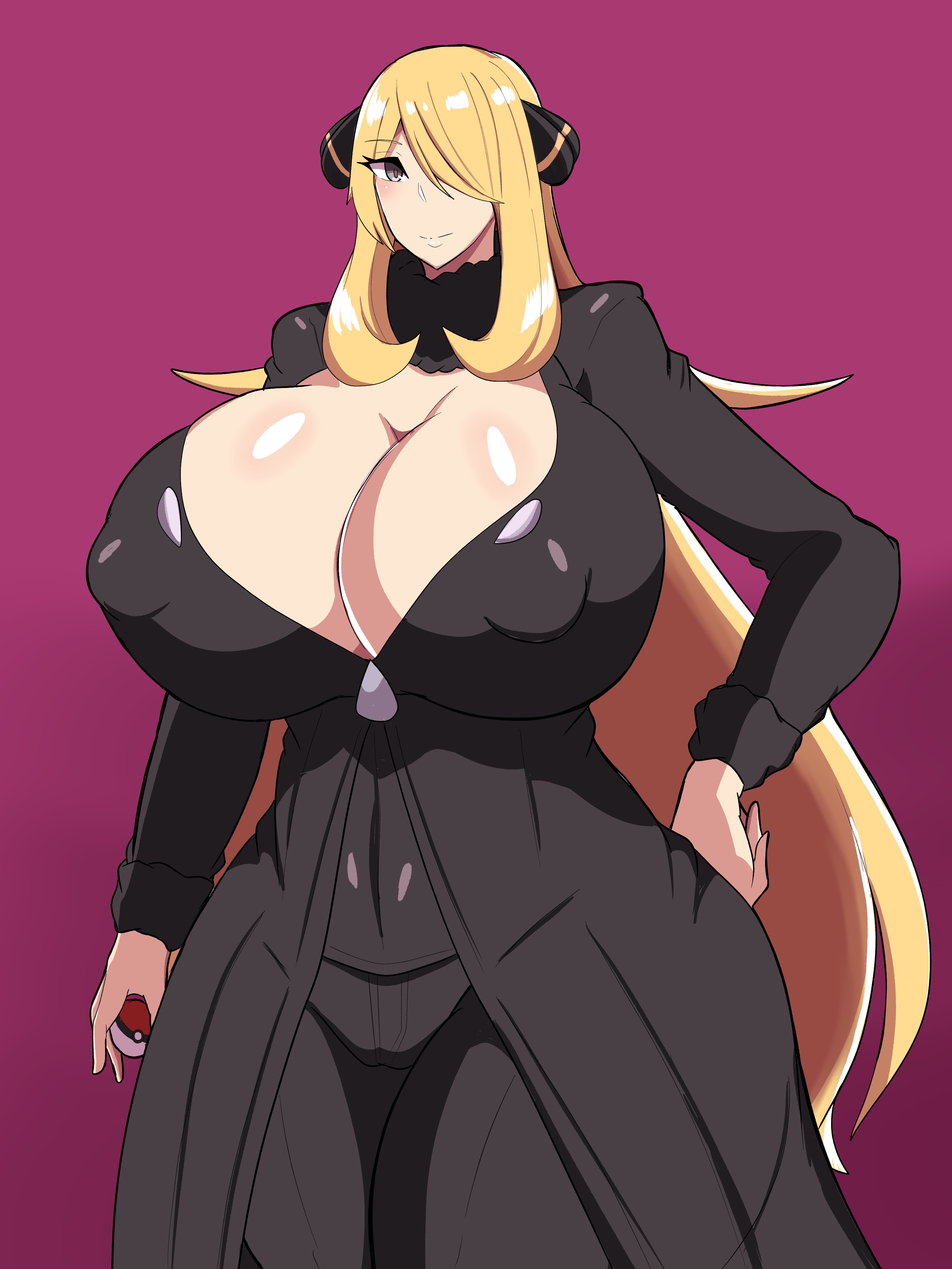 1girls, alternate breast size, ayamahi, big breasts, blonde, blonde female, blonde hair, breasts, breasts bigger than head, cleavage, clothed, clothed female, cynthia (pokemon), female, female only, gigantic breasts, grey eyes, hair ornament, holding object, huge breasts, huge thighs, human, human only, large breasts, light skin, light-skinned female, long hair, nintendo, nipple slip, pale skin, pale-skinned female, pokeball, pokemon, pokemon champion, pokemon dppt, purple background, solo, solo female, thick thighs, voluptuous, wide hips