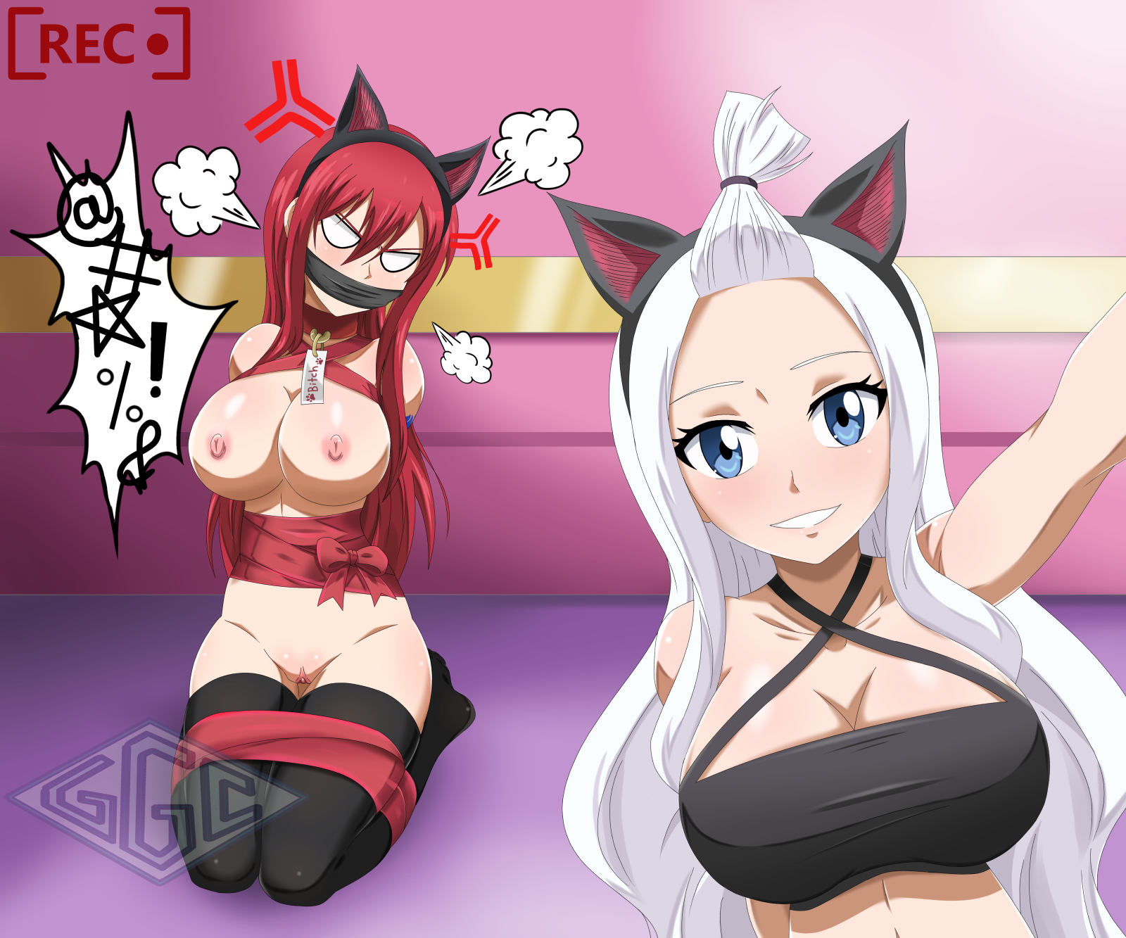 2girls, angry, arm tattoo, arms behind back, arms tied behind back, big breasts, blue eyes, blue tattoo, bondage, bound, bound arms, bound legs, breasts, cat ears, cleavage, erza scarlet, fairy tail, fairy tail mark, fake animal ears, female, female only, femdom, femsub, forced, gag, gagged, ggc, kneeling, long hair, mirajane strauss, multiple females, multiple girls, nekomimi, nipples, pussy, red hair, red-haired female, restrained, smile, smiling, stockings, tattoo, thighhighs, tied up, white hair, white-haired female, yuri