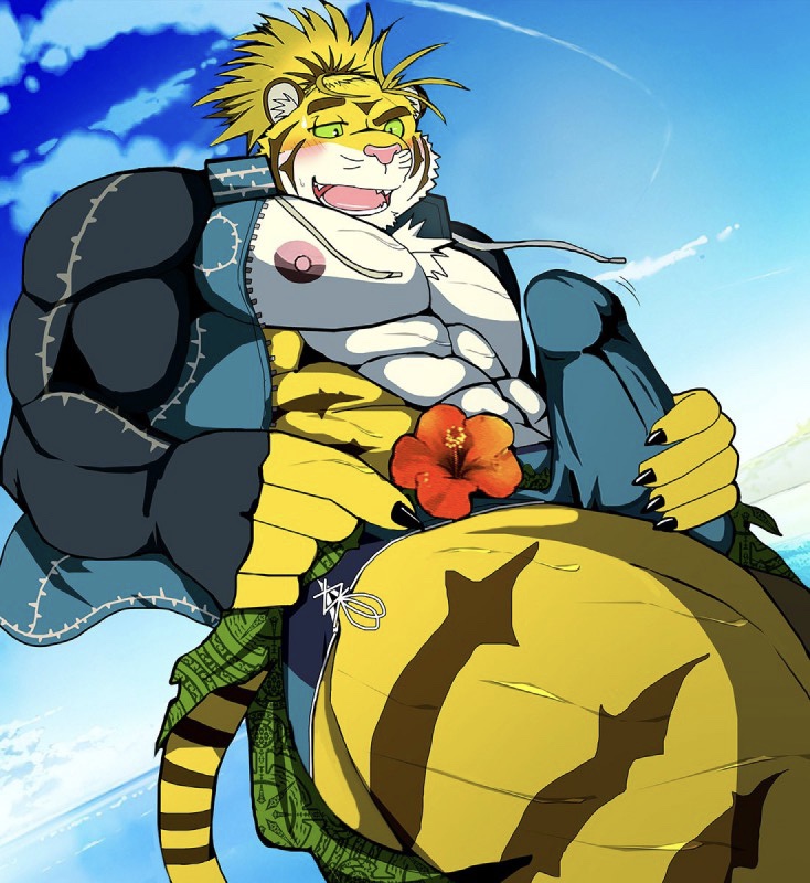 abs anthro bearlovestiger13 biped blush bodily_fluids bulge bulge_fondling bulge_grab claws clothing erection exhibitionism felid flower fur hair macan_(tokyo_afterschool_summoners) magan male male_only mammal muscular muscular_anthro muscular_male nipples open_mouth pantherine pecs plant public sea smile solo striped_body striped_fur stripes sweat tiger tokyo_afterschool_summoners tongue video_games water