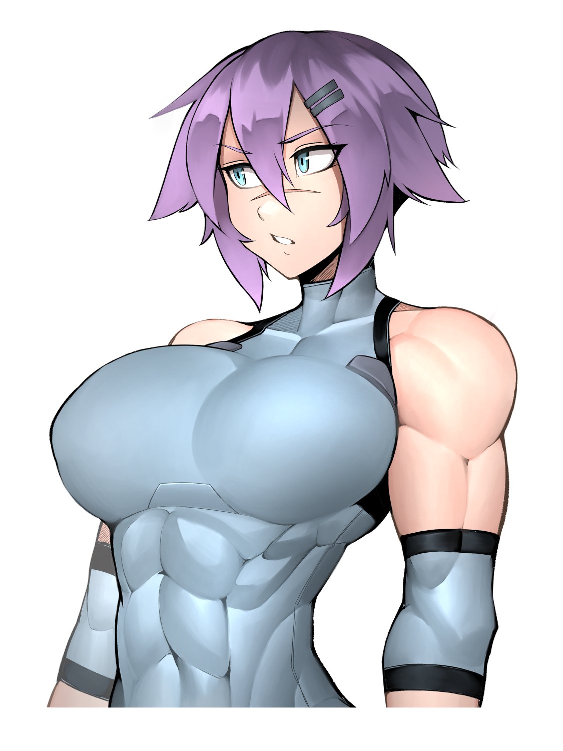 1girls biceps blue_eyes elbow_gloves female_focus female_only fully_clothed grey_clothing large_breasts leotard looking_away maya_(roadi3) mugshot muscular_female original purple_hair roadi3 short_hair six_pack slim_waist small_mouth solo_focus tight_clothing tight_fit tomboy twitter twitter_username white_background