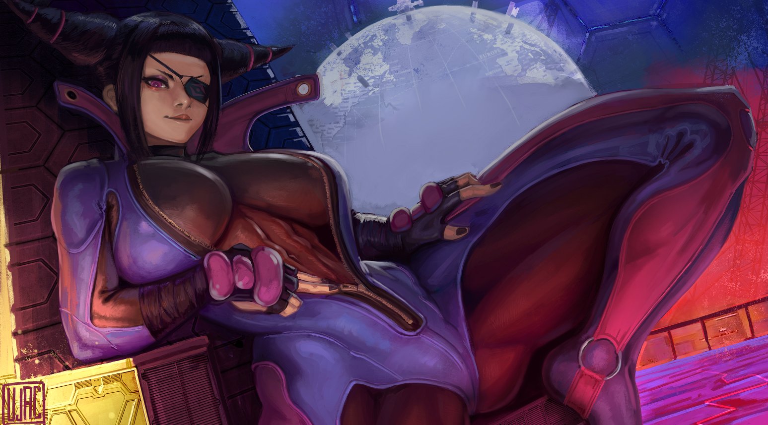 big breasts, black hair, bodysuit, breasts, clothed female, female, female focus, female only, juri han, purple eyes, solo, street fighter, ujac