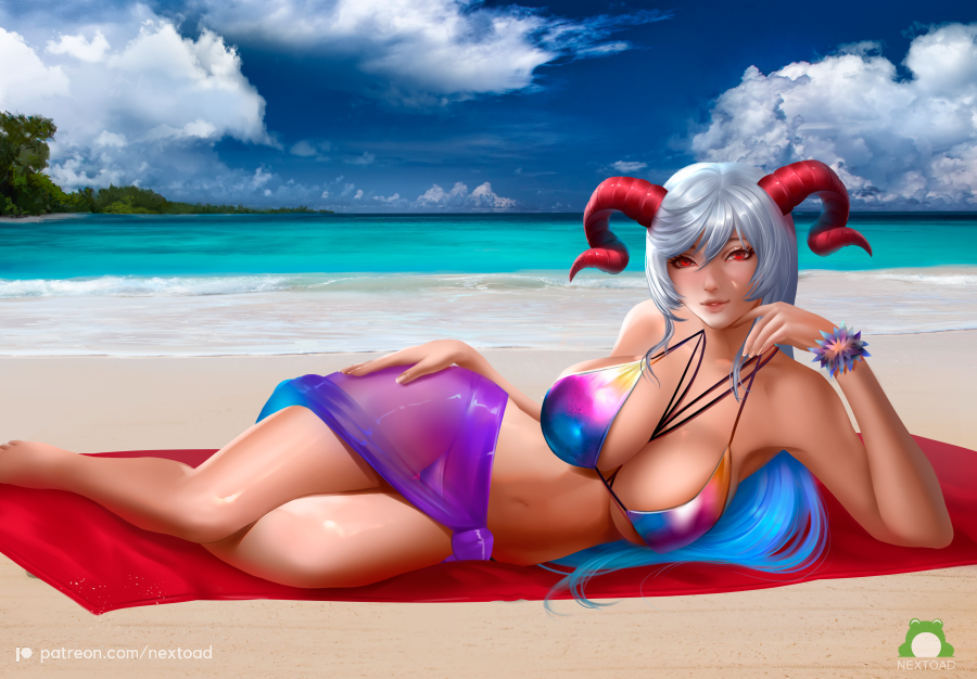 1girls bangs beach bikini bikini_top blue_bikini blue_hair breasts commission female fire_emblem fire_emblem_heroes freyja_(fire_emblem) gradient_sarong hair_between_eyes hand_on_own_thigh horns large_breasts long_hair looking_at_viewer lying multicolored multicolored_bikini multicolored_clothes multicolored_hair nextoad nintendo ocean patreon_username purple_bikini red_eyes red_horns red_towel sand sarong see-through side-tie_skirt silver_hair skirt sky solo swimsuit towel two-tone_hair watermark wristband yellow_bikini