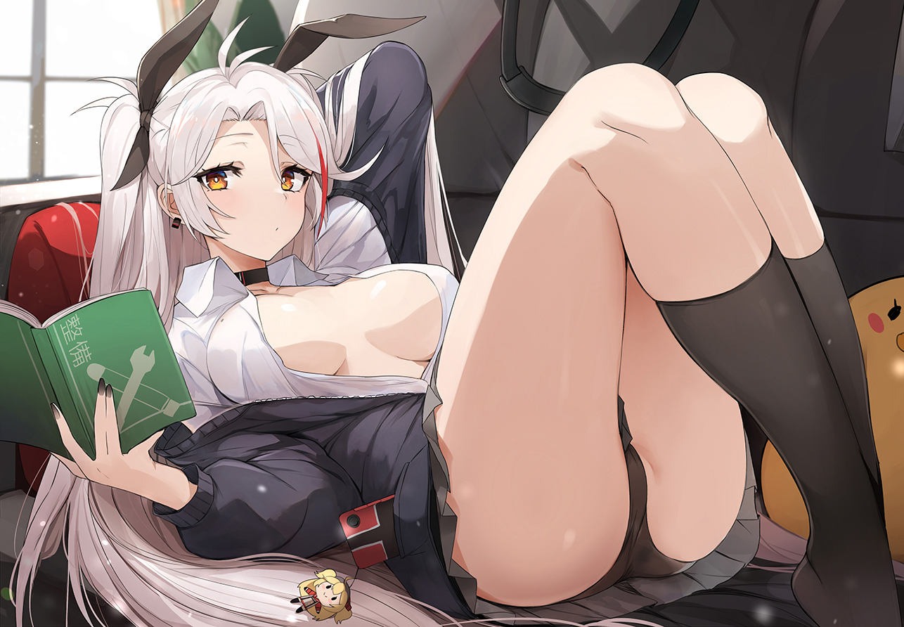 1girls, animal ears, ass, azur lane, black nails, black panties, black stockings, blush, book, breasts, bunny ears, choker, earrings, female, female only, luse maonang, lying, lying on back, medium breasts, nail polish, panties, phone, prinz eugen (azur lane), red potato rinrin, skirt, solo, solo female, stockings, streaked hair, white hair, yellow eyes