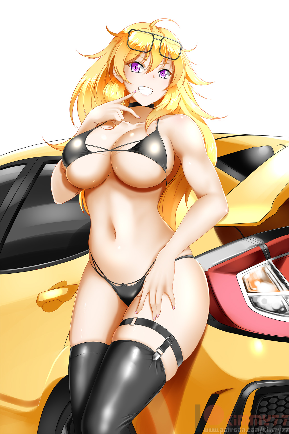 1girls, big breasts, bikini, breasts, eyewear on head, female, female only, kimmy77, large breasts, pinup, rwby, solo, yang xiao long