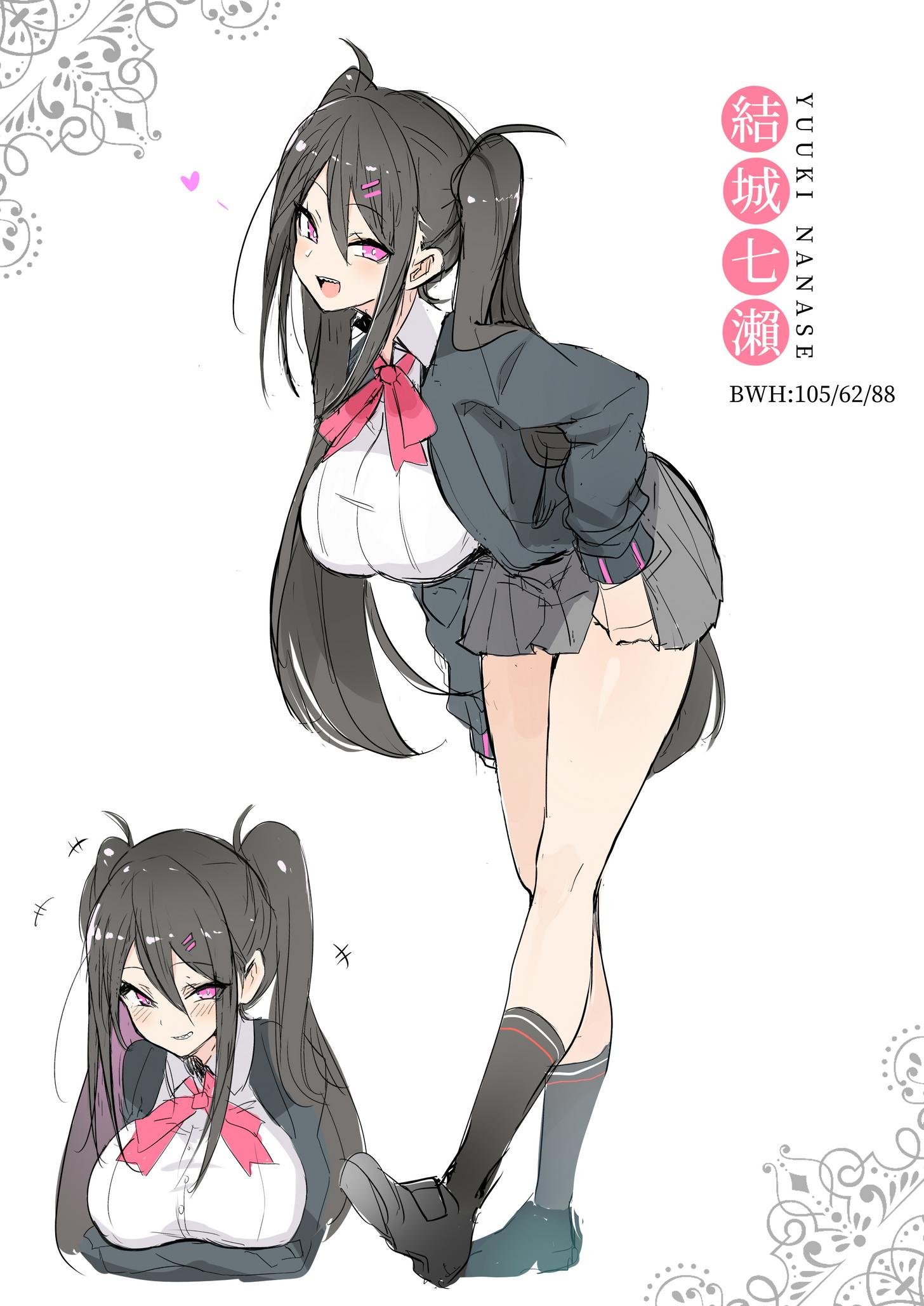 1girls, ass, black coat, black hair, black shoes, black skirt, black socks, blush, bowtie, breasts, cleavage, collar, female, female only, grin, huge breasts, large breasts, long hair, looking at viewer, luse maonang, pink eyes, red potato rinrin, smile, smirk, socks, solo, thick thighs, very long hair, yuuki nanase (red potato rinrin)