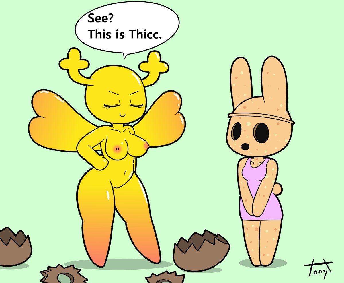 animal_crossing animate_inanimate anthro antlers breasts cartoon_network clothing coco_(animal_crossing) dialogue dress duo fairy female genitals gyroid hand_on_hip horn lagomorph leporid mammal navel nintendo nipples penny_fitzgerald pussy rabbit signature simple_background speech_bubble the_amazing_world_of_gumball thick_thighs tonytoran video_games wings