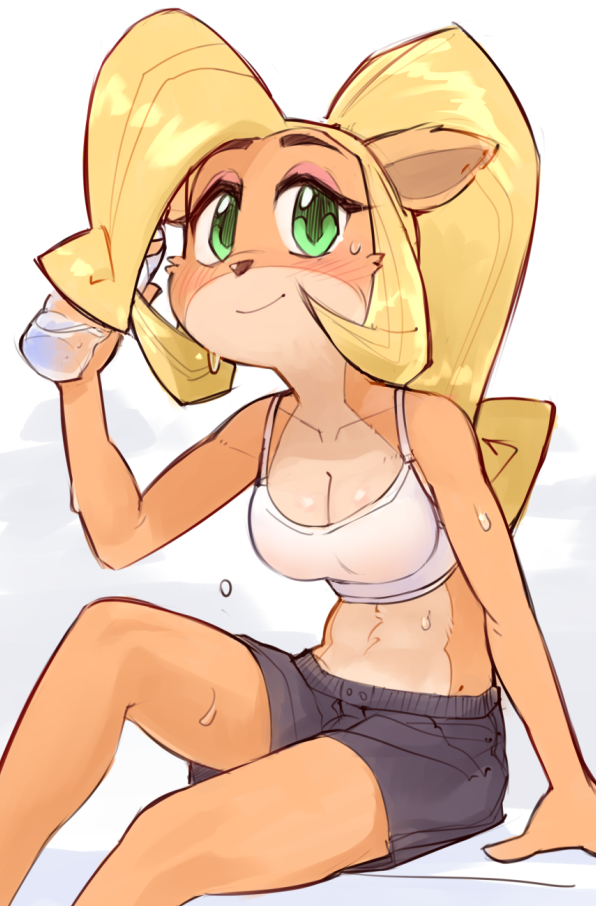 1girls, activision, ahoge, alternate costume, animal ears, bare shoulders, black shorts, blonde hair, blush, bottle, bra, breasts, cleavage, coco bandicoot, collarbone, crash (series), drink, eyeshadow, female, furry, green eyes, groin, hand up, knees up, looking at viewer, medium breasts, midriff, no humans, orange fur, ponytail, shiny hair, sitting, smile, sports bra, sportswear, sweat, tied hair, toned, two-tone background, wamudraws, water, water bottle, white background