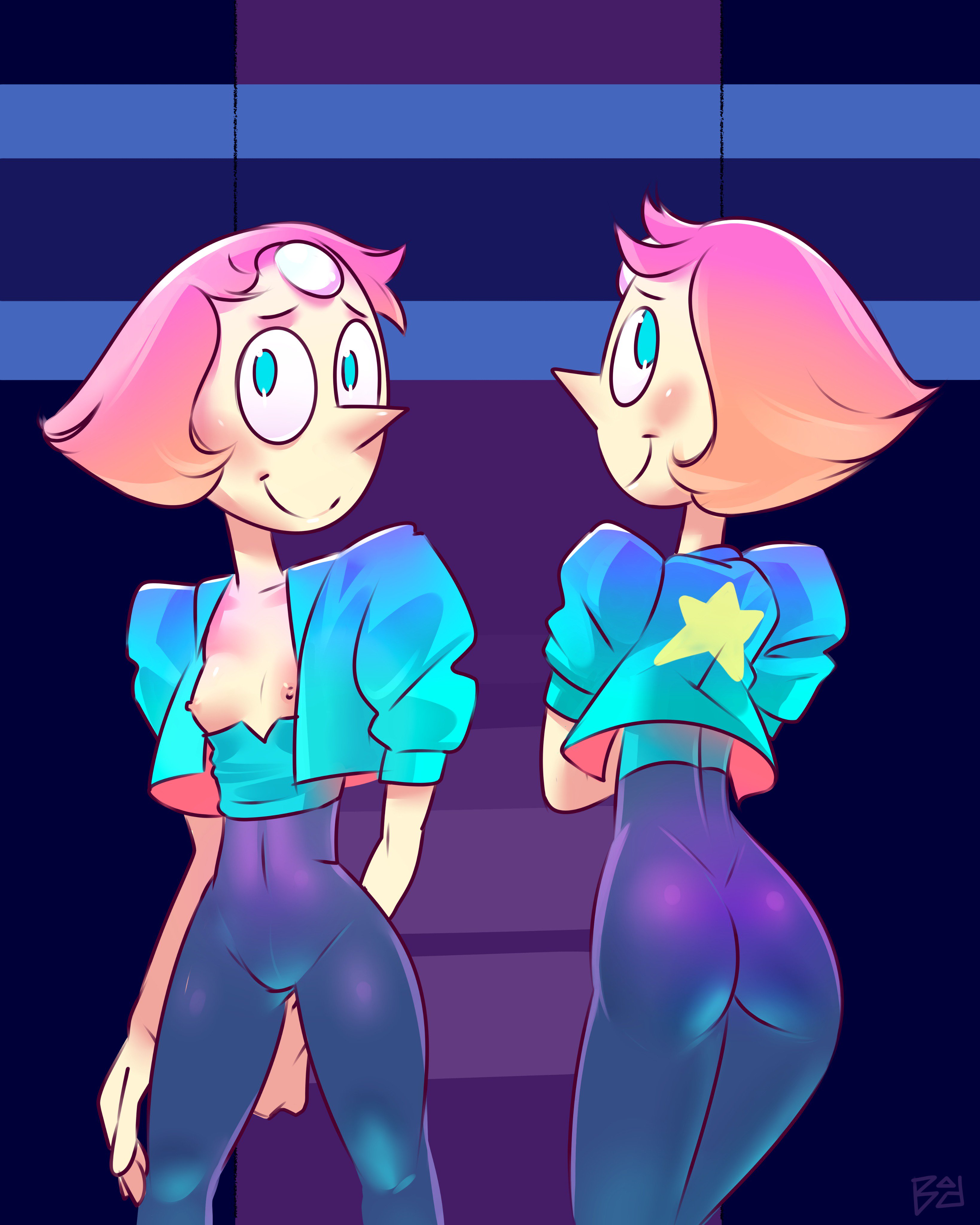 ass, badrainbow, breasts, breasts out, embarrassed, female, female only, jacket, leggings, nipples, pearl (steven universe), pinup, small breasts, smile, steven universe