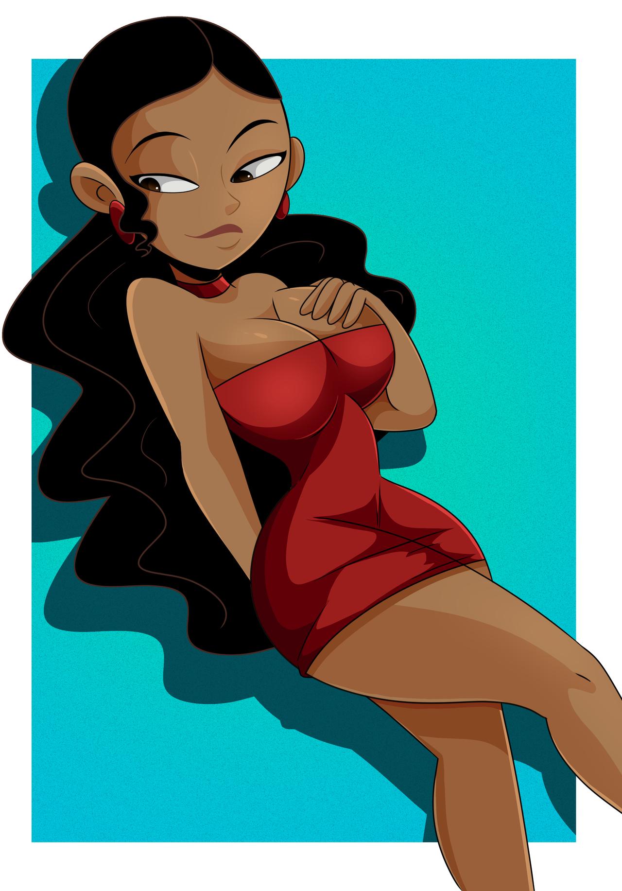 1girls, arms, athletic, big breasts, black hair, breasts, brown body, brown eyes, brown skin, bust, busty, cleavage, cocktail dress, curvaceous, curvy, curvy female, dark skin, dark-skinned female, disney, disney channel, dress, ear piercing, earrings, female, female only, hourglass figure, huge breasts, kim possible, large breasts, legs, long hair, looking off screen, looking to the side, lower body, mature, mature female, monique (kim possible), piercing, ponytail, solo, sonson-sensei, thick, thick legs, thick thighs, thighs, tight dress, upper body, voluptuous, waist