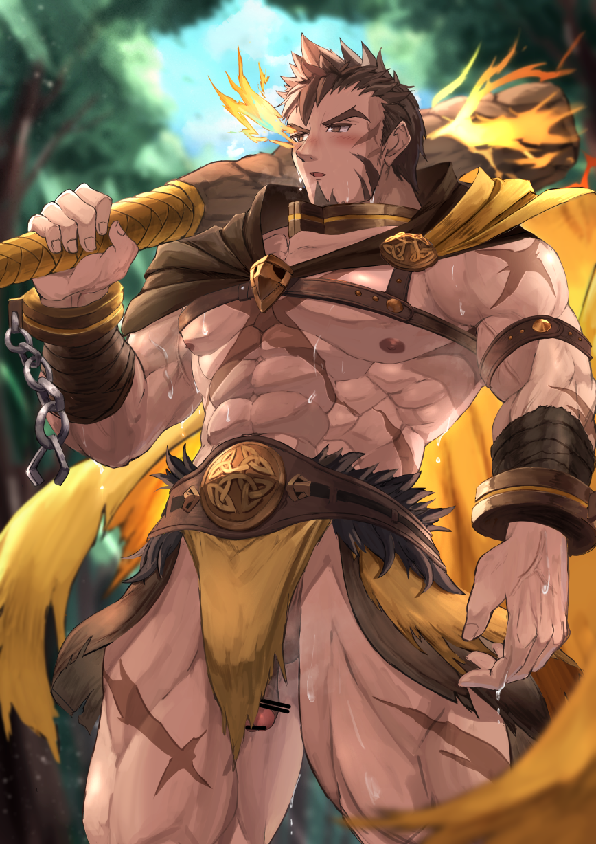 1boy abs bar_censor beard bellsaltr blush brown_hair bulge cape censored chains chest facial_hair flaming_eye heracles_(tokyo_afterschool_summoners) highres human human_only loincloth looking_at_viewer male male_focus male_only muscular_male nipples pectorals penis_peek scar shirtless solo thighs tokyo_afterschool_summoners tokyo_houkago_summoners upper_body weapon