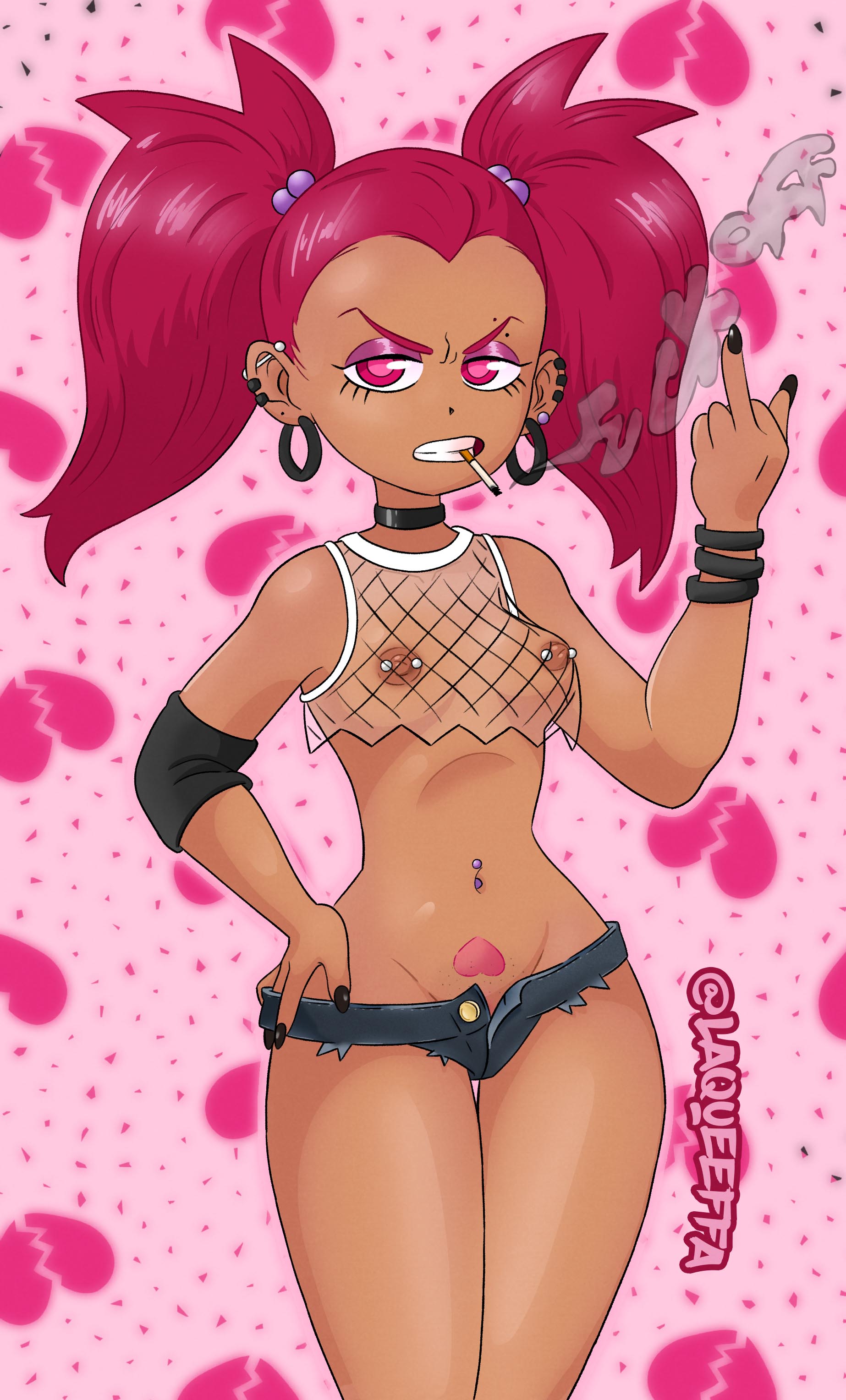 1girls, angry, areolae, bracelet, bracelets, breasts, brown skin, brown-skinned female, cartoon network, casual, casual exposure, choker, cigarette, dark skin, dark-skinned female, earrings, female, flipping off, frown, hourglass figure, human, human spinel, humanized, laqueeffa, latina, magenta hair, navel, navel piercing, nipple piercing, nipples, painted nails, piercing, piercings, pink eyes, pubic stubble, pubic tattoo, pussy, pussy stubble, see-through, see-through clothing, shorts, small breasts, solo, spinel (steven universe), steven universe, tagme, tattoo, thighs, twintails, wide hips