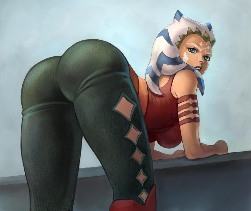 1girls, ahsoka tano, alien, alien girl, bent over, bent over table, blue eyes, boots, clone wars, clothed, clothing, face tattoo, facial markings, female, footwear, leaning forward, leaning on table, leggings, legwear, looking at viewer, looking back, orange skin, pants, presenting, red boots, red clothing, red shirt, sci-fi, science fiction, scifi, shoes, star wars, stipless, tattoo, the clone wars: season four, togruta