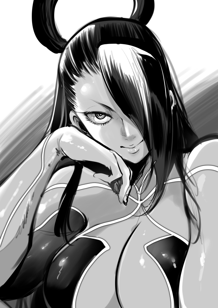 asymmetrical_bangs bangs breasts canon_genderswap chin_rest cleavage eyelashes female greyscale hair_over_one_eye halo large_breasts long_hair marimo_(yousei_ranbu) metal_girl metal_skin monochrome seth_(sfv) seth_(street_fighter) smile solo street_fighter street_fighter_v upper_body