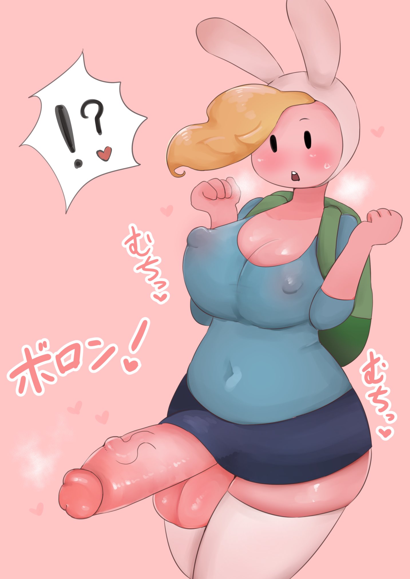 !?, 1futa, adventure time, backpack, bag, balls, big breasts, big penis, blonde hair, blush, breasts, cartoon network, erect nipples under clothes, erection, female, fionna and cake, fionna the human girl, futanari, heavy breathing, huge cock, human, intersex, large breasts, large penis, pale skin, pale-skinned futa, penis, pink background, skirt lift, solo futa, testicles, text, thick thighs, thighhighs, thighs, veiny penis, white thighhighs, wide hips, zkky