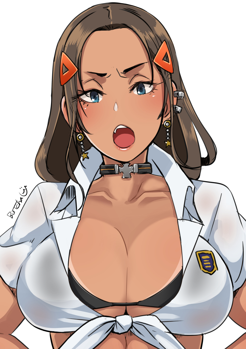 1girls, angry, big breasts, bikini, bikini tan, bikini top, black bikini, blue eyes, breasts, brown hair, butcha-u, choker, cleavage, collarbone, cross choker, ear piercing, earrings, female, female only, forehead, front-tie top, gyaru, hair ornament, hairclip, hands on hips, highres, jewelry, kogal, kuro gyaru, large breasts, lips, long hair, looking at viewer, midriff, open mouth, original, original character, piercing, school uniform, simple background, solo, swimsuit, swimsuit under clothes, tan, tanline, underboob, upper body, white background
