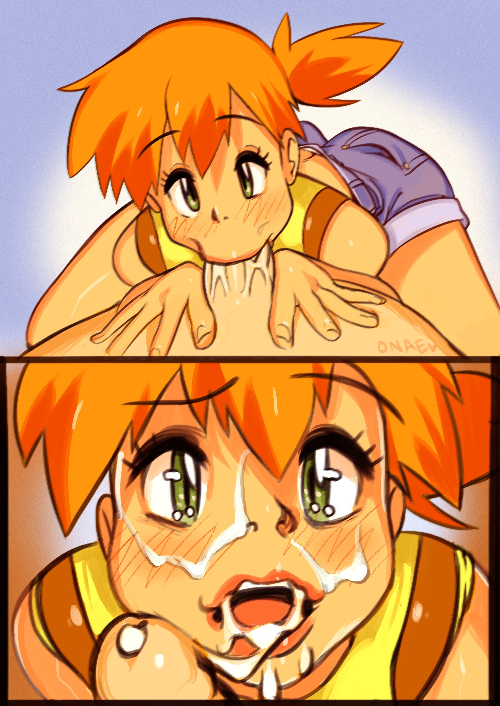 :>=, 1boy, 1girls, after deepthroat, blowjob, blowjob face, cum, cum in mouth, cum in throat, cum on face, cute, deepthroat, deepthroat smile, drooling, eyelashes, fellatio, female, ginger, green eyes, happy, kasumi (pokemon), looking at viewer, male, nintendo, onae, open mouth, oral, orange hair, penis, pokemon, ponytail, pov, red hair, short hair, shorts, side ponytail, skinny, solo focus, teenager, tied hair