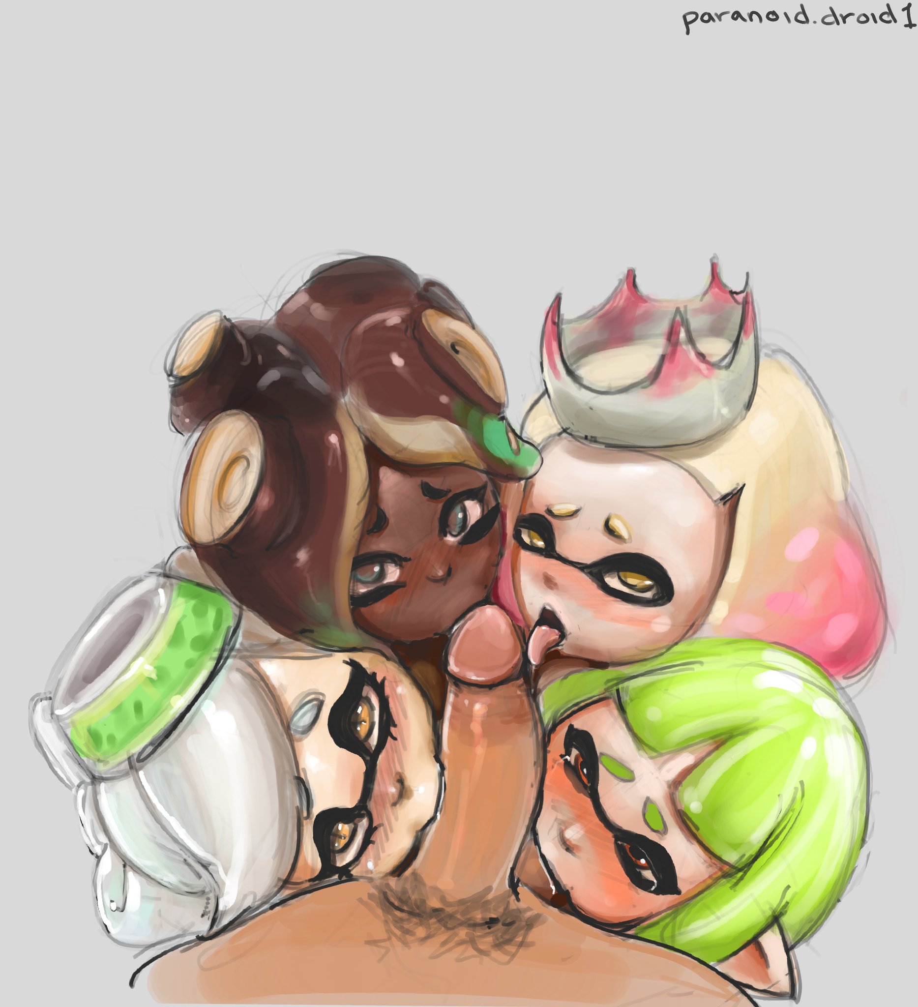 1boy, 4girls, balls, balls sucking, blush, collaborative fellatio, dark skin, dark-skinned female, fellatio, female, harem, inkling, inkling girl, interracial, lesbian conversion, lesbian to straight, lesbian with male, licking penis, light skin, light-skinned female, light-skinned male, looking at penis, looking at viewer, looking up, male, male pov, marie (splatoon), marina (splatoon), nintendo, orientation play, paranoiddroid, pearl (splatoon), penis, pov, quadruple fellatio, splatoon, splatoon 2, straight