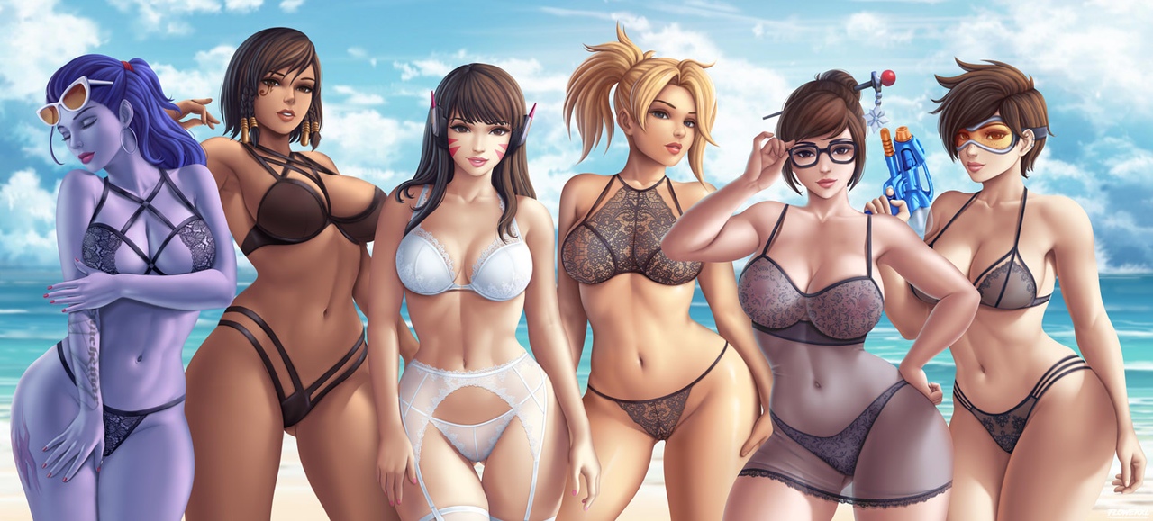 6girls, alternate costume, beach, big breasts, blonde hair, blue hair, bra, breasts, brown eyes, brown hair, cleavage, closed eyes, cote d'azur widowmaker, d.va, eyewear, female, female only, flowerxl, garter belt, garter straps, glasses, lingerie, mei (overwatch), mercy, overwatch, panties, pharah, purple skin, thick thighs, tracer, wide hips, widowmaker