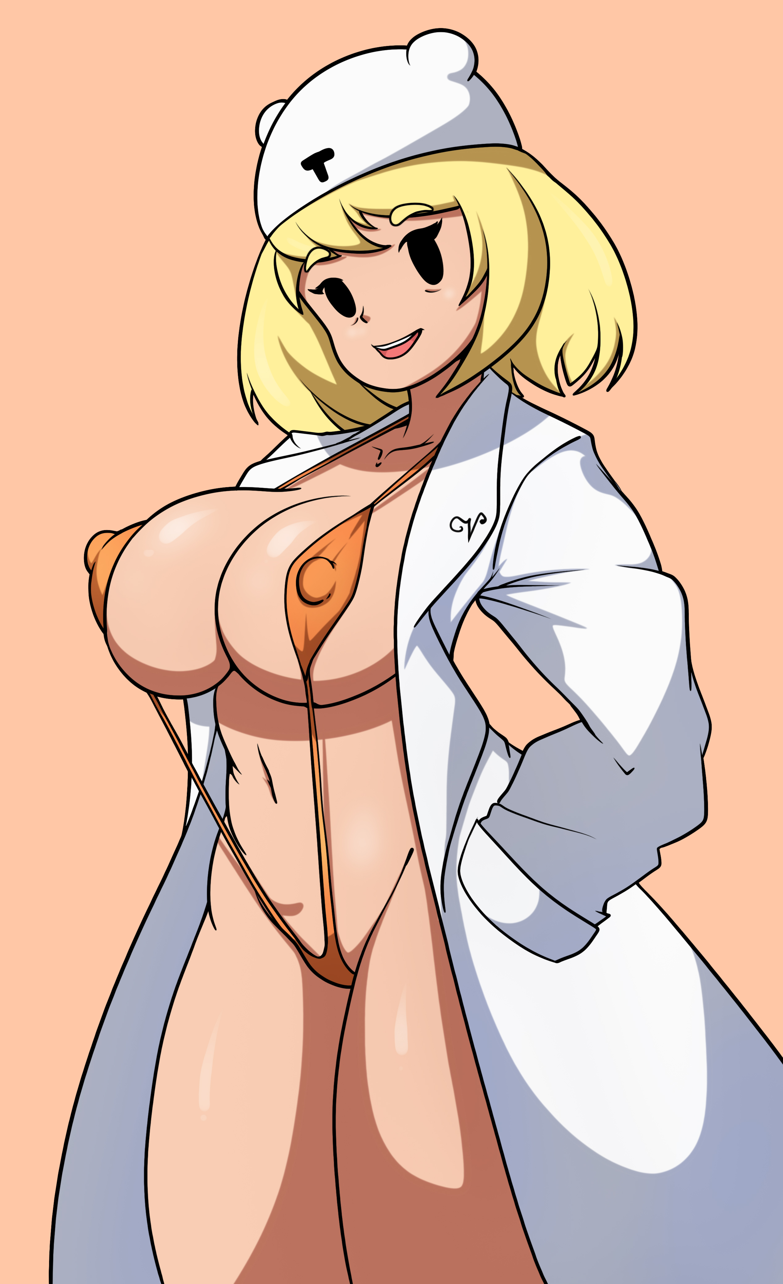 adventure time, big breasts, bikini, blonde hair, breasts, cameltoe, clothed, clothing, female, hat, human, labcoat, looking at viewer, milf, minerva campbell, mob face, open mouth, pussy, skimpy, sling bikini, thick thighs, wide hips, zzvinniezz