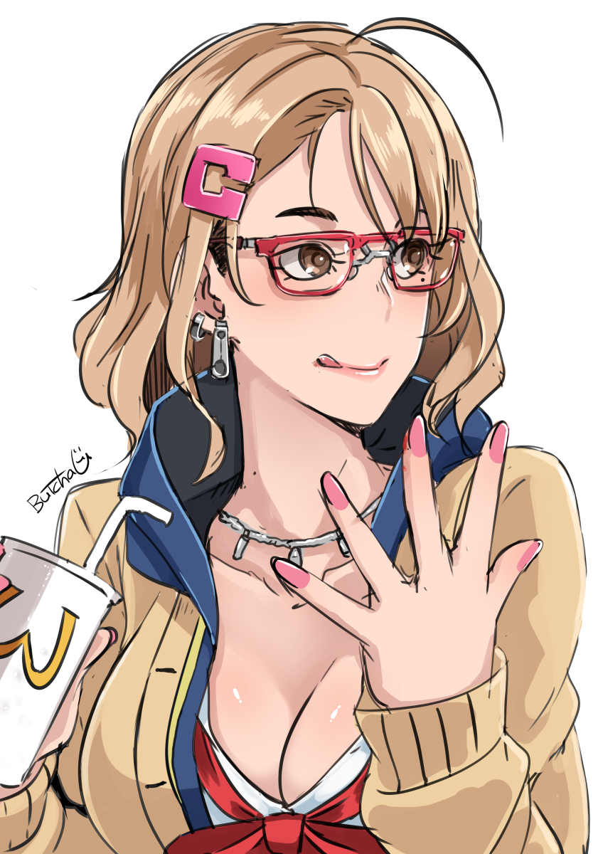 :q, 1girls, ahoge, breasts, brown eyes, butcha-u, cardigan, cleavage, cup, disposable cup, ear piercing, female, female only, glasses, gyaru, hair ornament, hairclip, highres, jewelry, kogal, large breasts, licking lips, light brown hair, lips, medium hair, mole, mole under eye, nail polish, necklace, original, original character, piercing, pink nails, red-framed eyewear, school uniform, serafuku, solo, tongue, tongue out, unbuttoned
