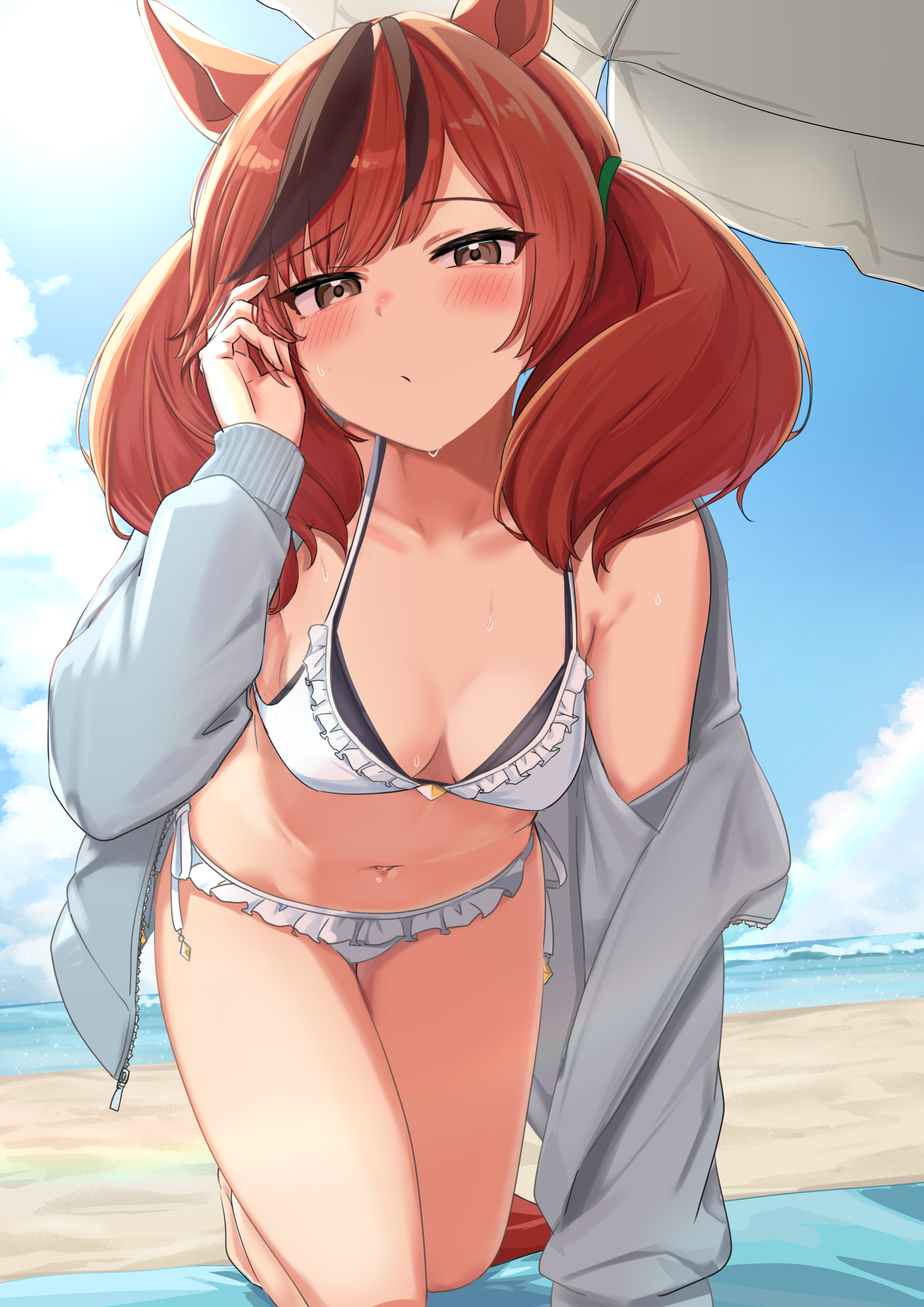 1girl, artist request, beach, brown eyes, brown hair, cleavage, day, horse ears, horse girl, horse tail, medium breasts, navel, nice nature (umamusume), ocean, open jacket, solo, stomach, sweat, thighs, twintails, umamusume, umamusume pretty derby, white bikini