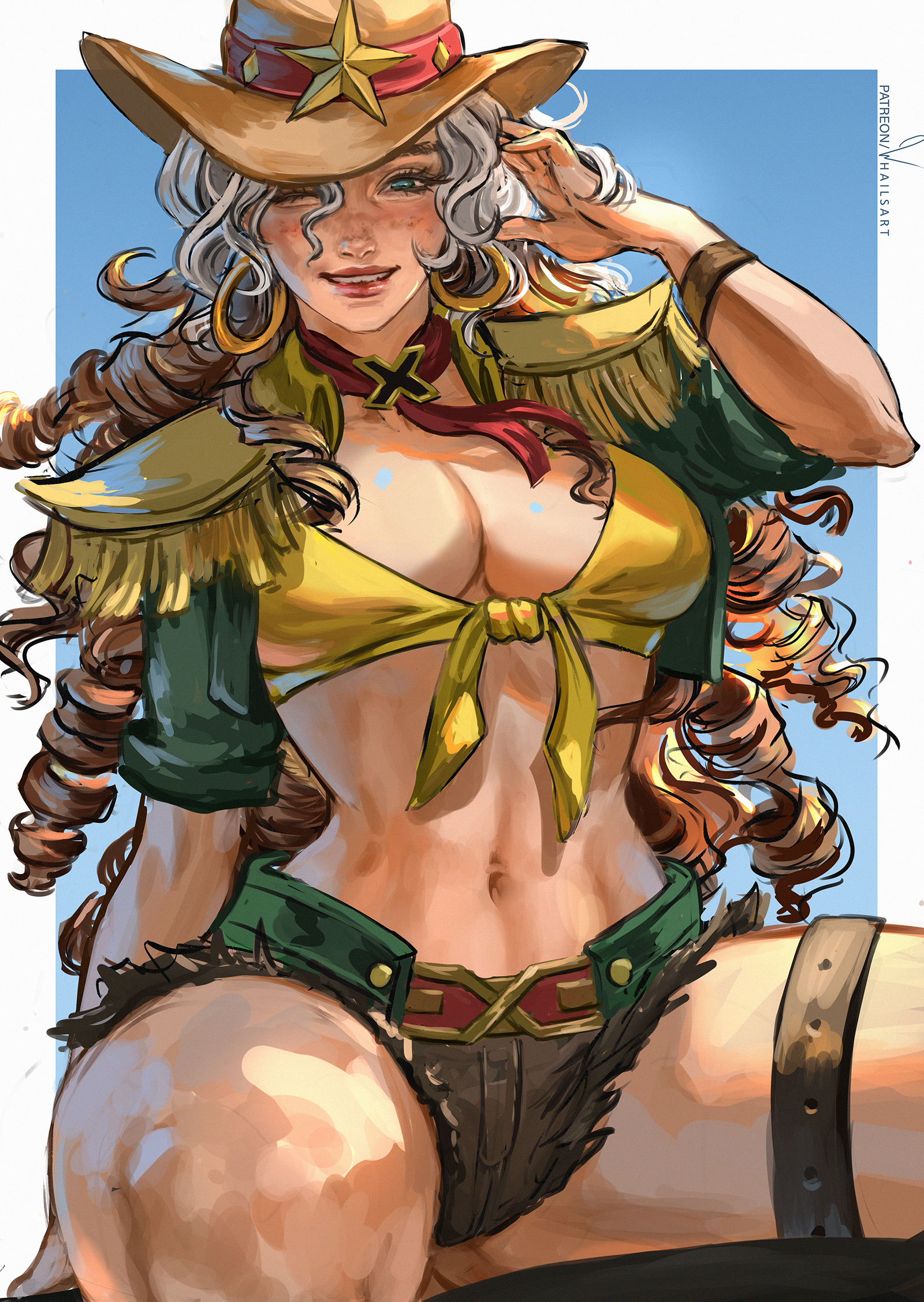 1girls, 2d, big ass, big breasts, cleavage, clothed, cowboy hat, female, female only, fully clothed, kneeling, marvel, marvel rivals, rogue (marvel rivals), rogue (x-men), smile, solo, solo female, thick thighs, whailsart