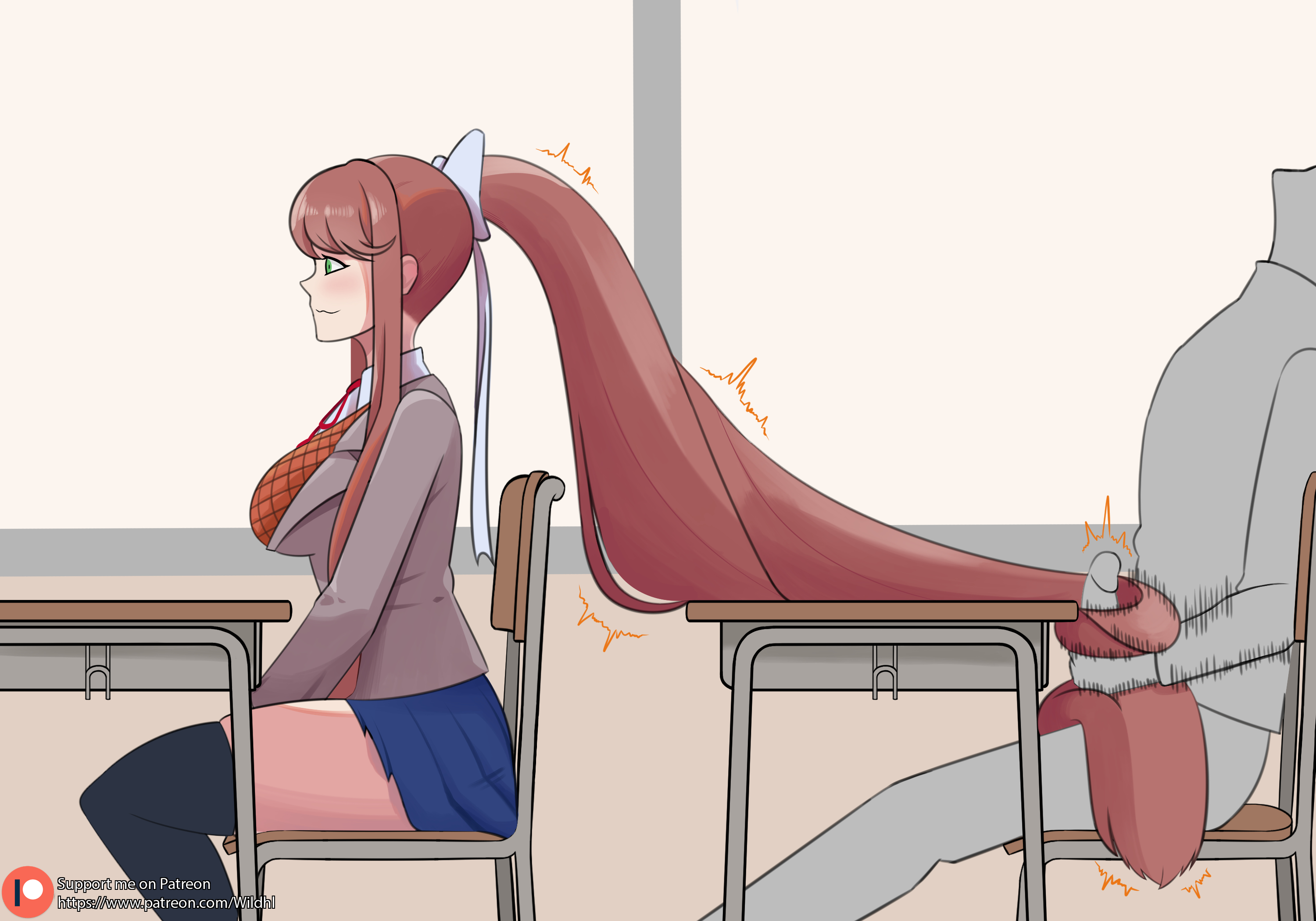 doki doki literature club, hair fetish, hair grab, hairjob, monika (doki doki literature club), thighhighs, wildhl