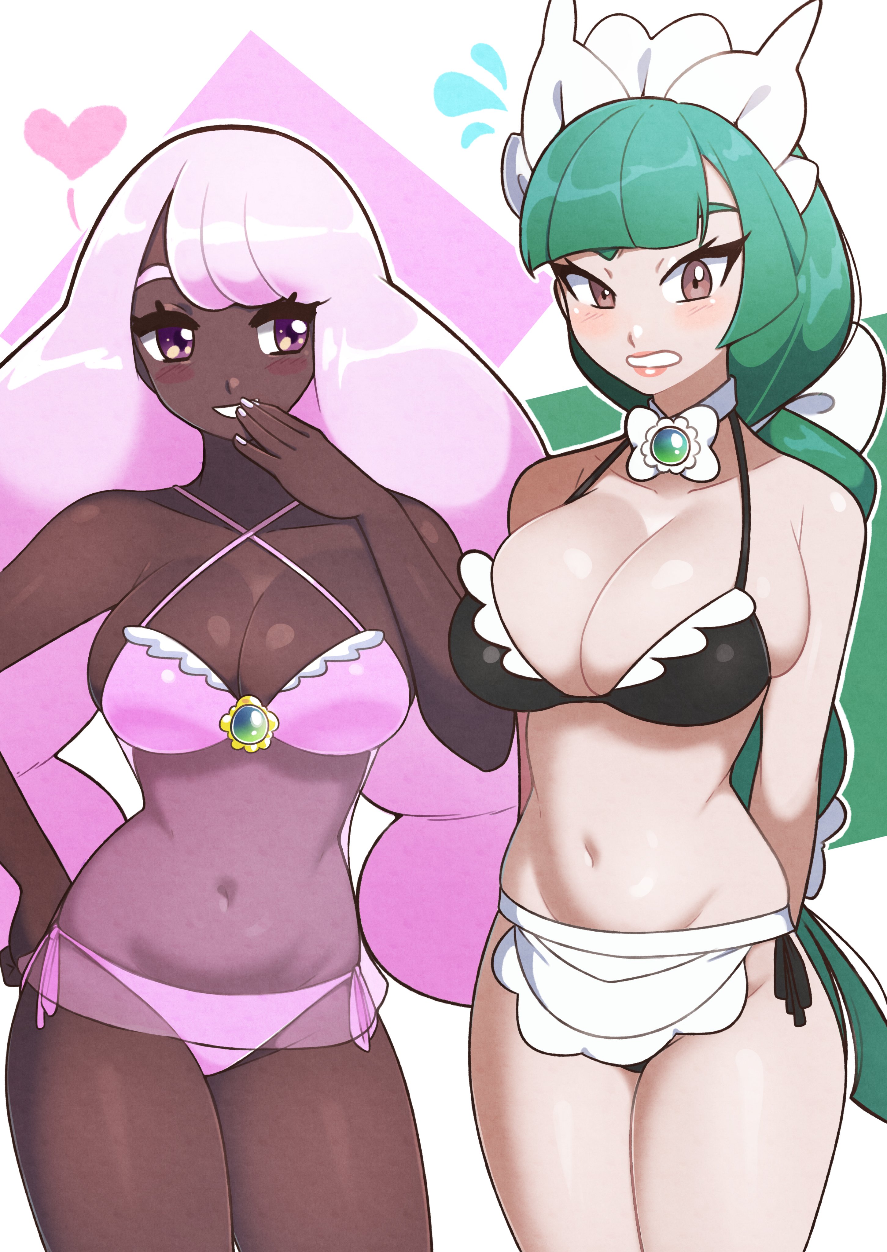 2girls, apron, arms behind back, bikini, blush stickers, cleavage, clenched teeth, embarrassed, harujio (pokemon), jacinthe (pokemon), jeff miga, jeffmiga, large breasts, laughing, lebanne (pokemon), multiple girls, pokemon, pokemon legends: z-a, see through, white nails, yukari (pokemon)