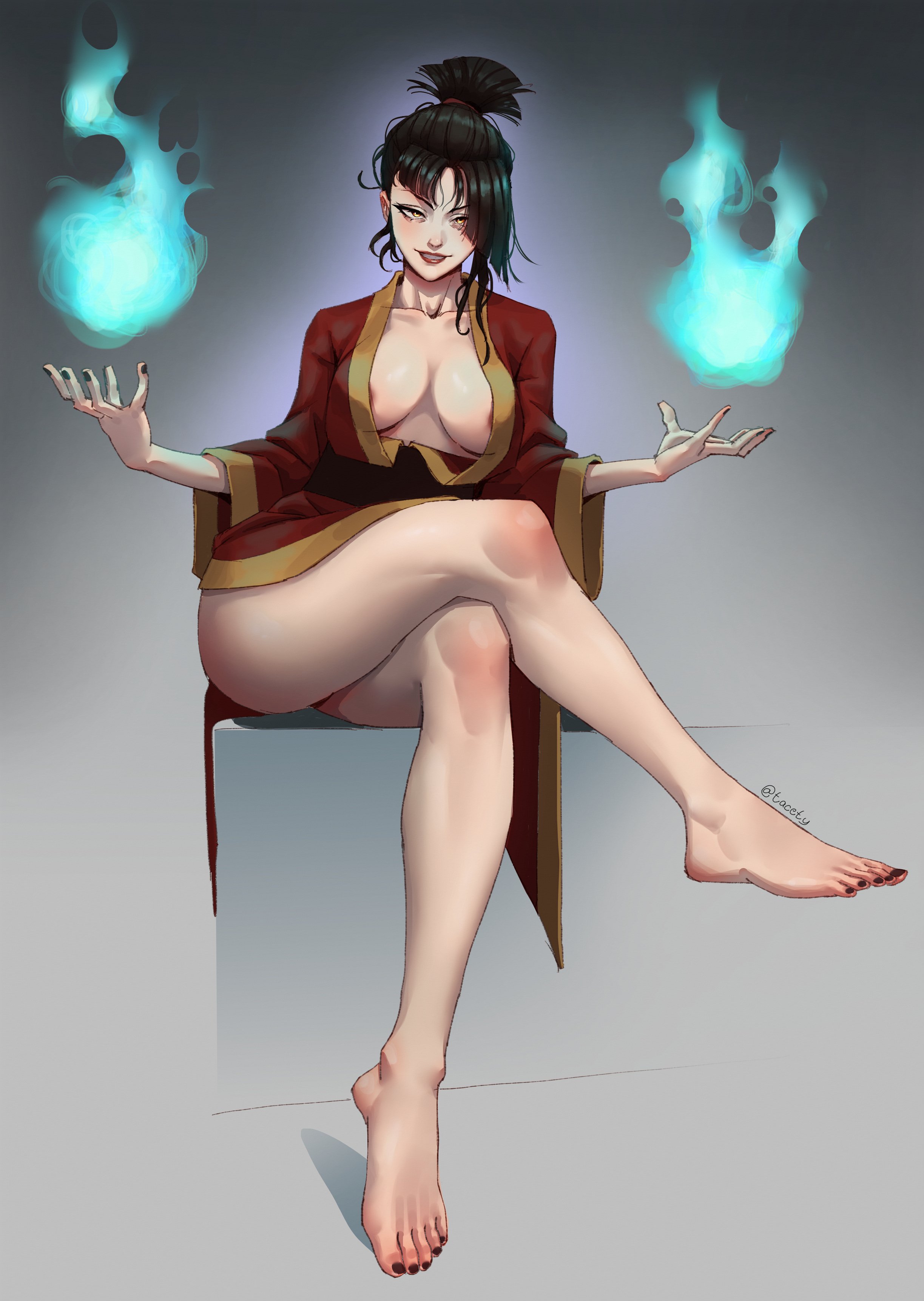 1girls, areola slip, areolae, artist request, avatar the last airbender, azula, barefoot, black hair, blue fire, breasts, cleavage, collarbone, crossed legs, feet, fingernails, fire, large breasts, legs, looking at viewer, nail polish, ponytail, sitting, smoke, solo, toenail polish