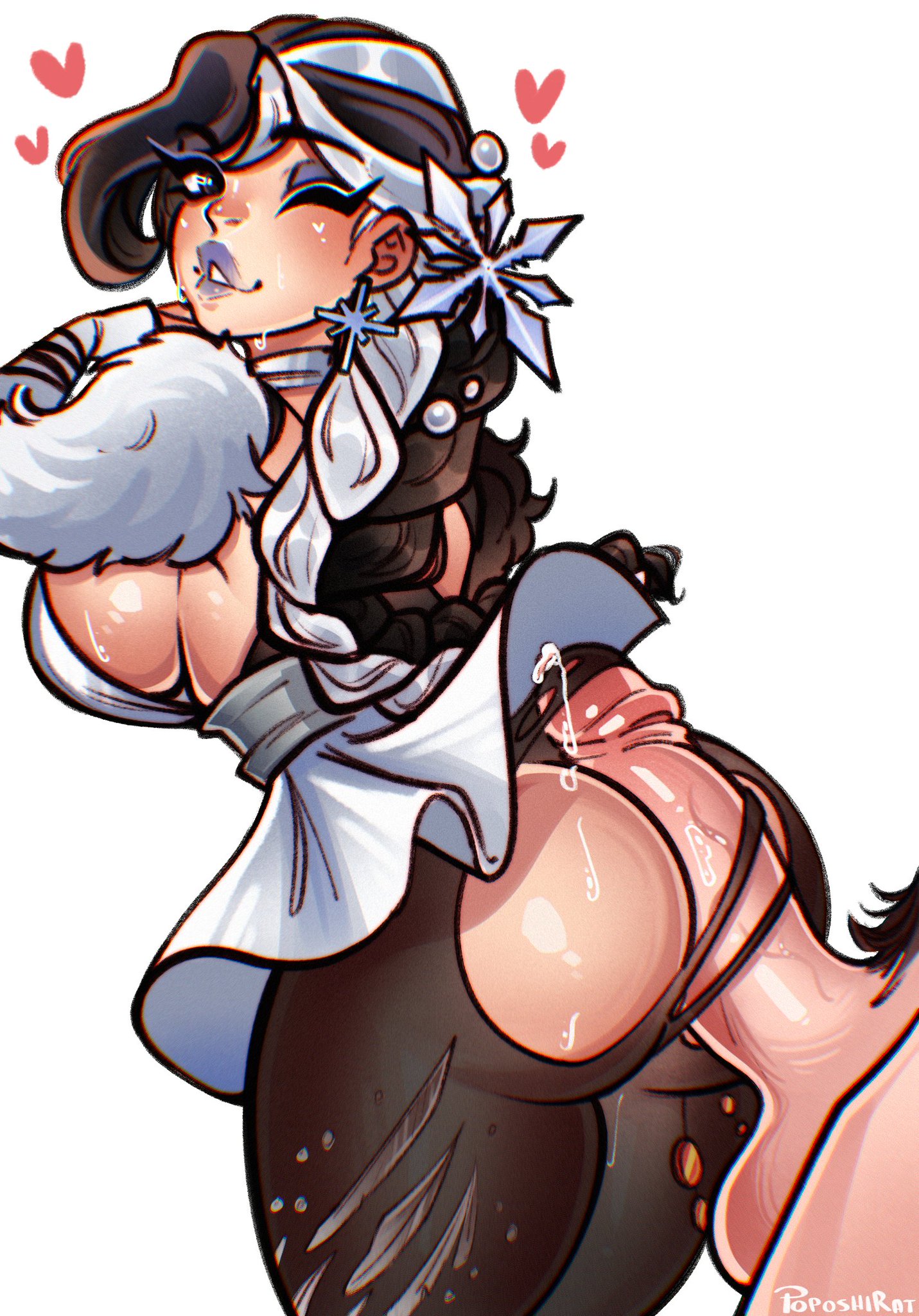 1boy, 1girls, 2d, artist name, ass job, assjob, backboob, big ass, big balls, big breasts, big penis, black hair, blue eyes, blush, blushing, braided ponytail, clothed, clothed female, clothed female nude male, ear piercing, earrings, eyeliner, eyeshadow, female, floating heart, floating hearts, fully clothed, hair ornament, hearts around head, hetero, hot dogging, hotdogging, light skin, light-skinned female, light-skinned male, lipstick, long hair, looking at partner, looking back, luna snow, luna snow (marvel rivals), luna snow (nolaehaneun manyeo), makeup, male, male/female, marvel, marvel comics, marvel rivals, naked, naked male, no bra, nude, nude male, official alternate costume, outercourse, poposhirat, precum, precum drip, precum on ass, precum on own penis, precum on penis, pubic hair, ripped clothing, ripped leggings, seol hee, short dress, sideboob, simple background, small waist, solid color background, straight, sweat, sweatdrop, sweating, thick thighs, two-tone hair, underboob, unseen face, unseen male face, watermark, white background, white hair, wide hips, winking