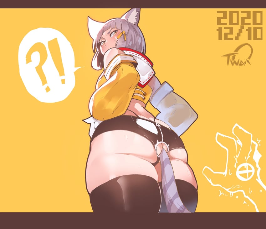 1girls, 2020, adapted costume, alternate costume, artist signature, ass, ass focus, blushing, bubble butt, buttplug, buttplug tail, cat ears, catgirl, color, crop top, crop top hoodie, exclamation point, fake tail, gloves, grey hair, hand reaching, hoodie, large ass, leggings, looking back, monolith soft, nia, nia (xenoblade), nintendo, question mark, revealing clothes, tagme, text bubble, thiccwithaq, thick thighs, thighs, thong, xenoblade (series), xenoblade chronicles 2, yellow eyes