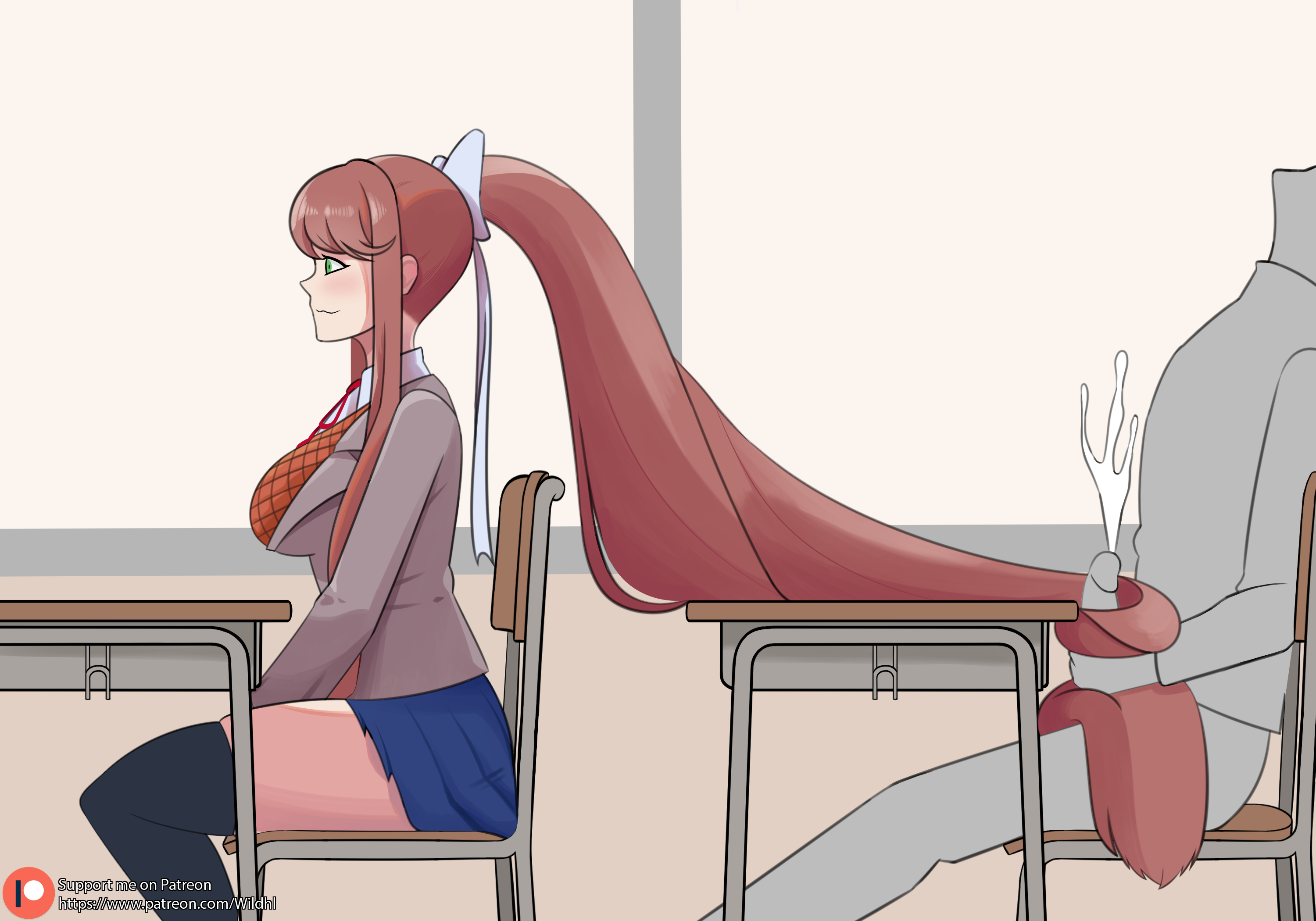 classroom, doki doki literature club, ejaculation, embarrassed female, hair fetish, hair grab, hairjob, long hair, monika (doki doki literature club), ponytail, school, school uniform, schoolgirl, thighhighs, very long hair, wildhl