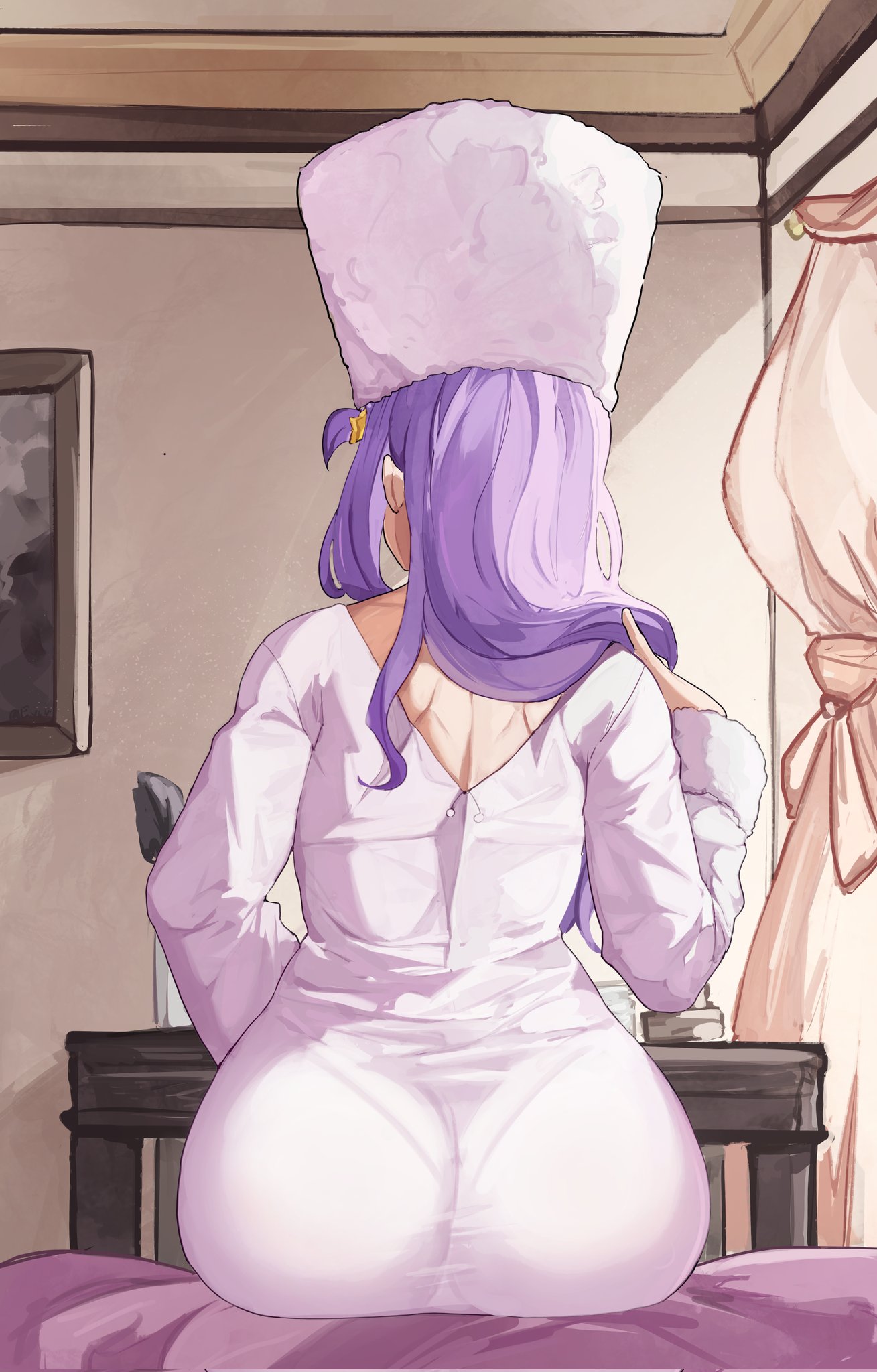  e v o n 0, 1girls, 2025, 2d, anastasia hoshin, ass, back view, bed, bubble butt, clothed, clothes, clothing, color, colored, curtains, desk, detailed background, digital media (artwork), female, female only, fully clothed, hat, headgear, hi res, human, indoors, inside, large ass, long hair, nightgown, one arm up, picture frame, purple hair, re:zero kara hajimeru isekai seikatsu, sitting, sitting on bed, solo, solo female, wearing hat, wide hips