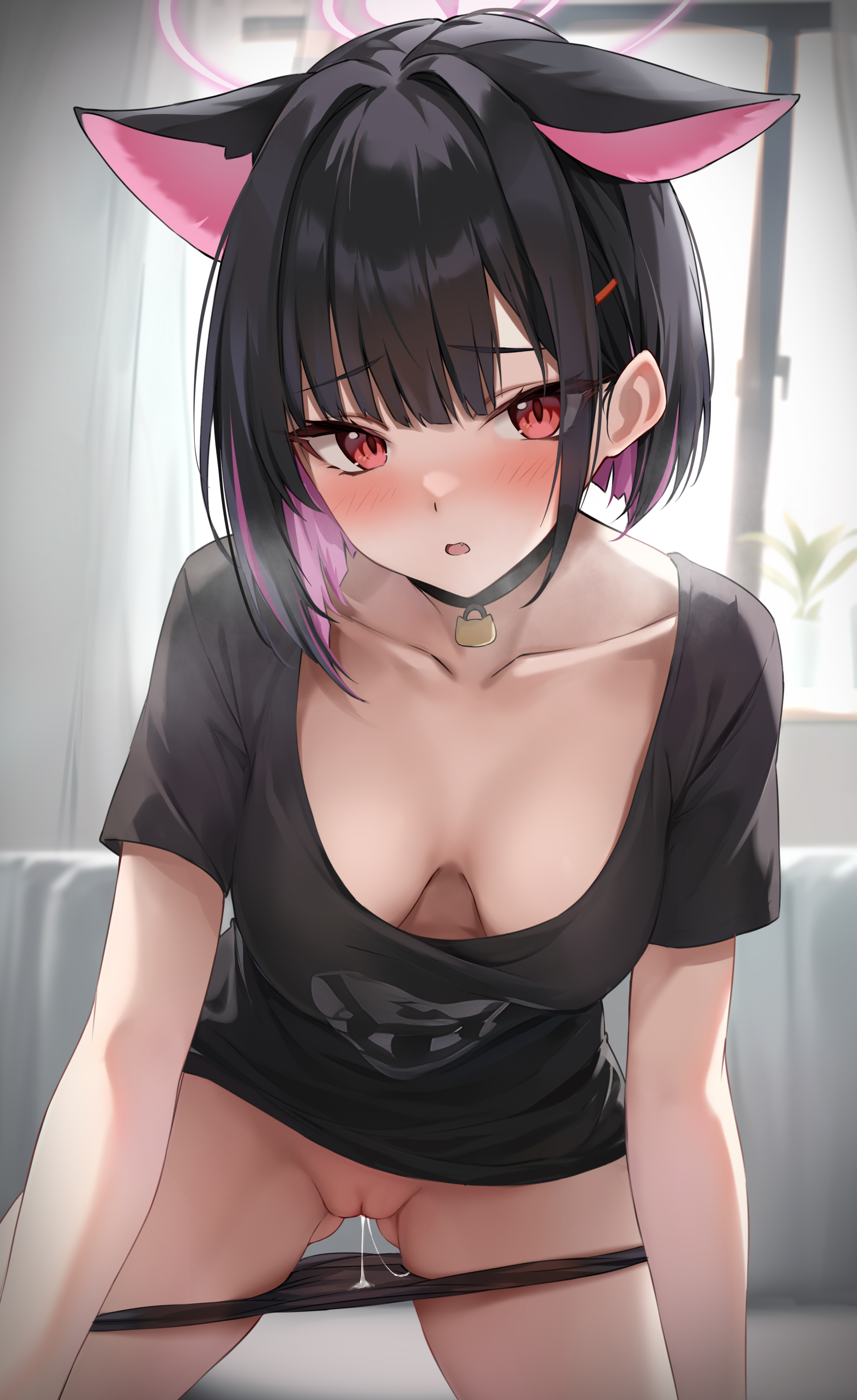 1girl, all fours, alternate costume, animal ears, black choker, black hair, black panties, black shirt, blue archive, blush, breasts, breasts apart, cat ears, choker, cleavage, cleft of venus, clothing, collarbone, colored inner hair, cum, cum in pussy, cumdrip, downblouse, extra ears, female, hair ornament, hairclip, halo, indoors, kazusa (blue archive), kneeling, kyouyama kazusa, looking at viewer, marisasu (marisa0904), medium breasts, multicolored hair, open mouth, panties, pantsu, panty pull, parted lips, pink eyes, pink hair, pink halo, pussy, pussy juice, pussy juice trail, red eyes, shirt, short hair, short sleeves, solo, t-shirt, two-tone hair, underwear