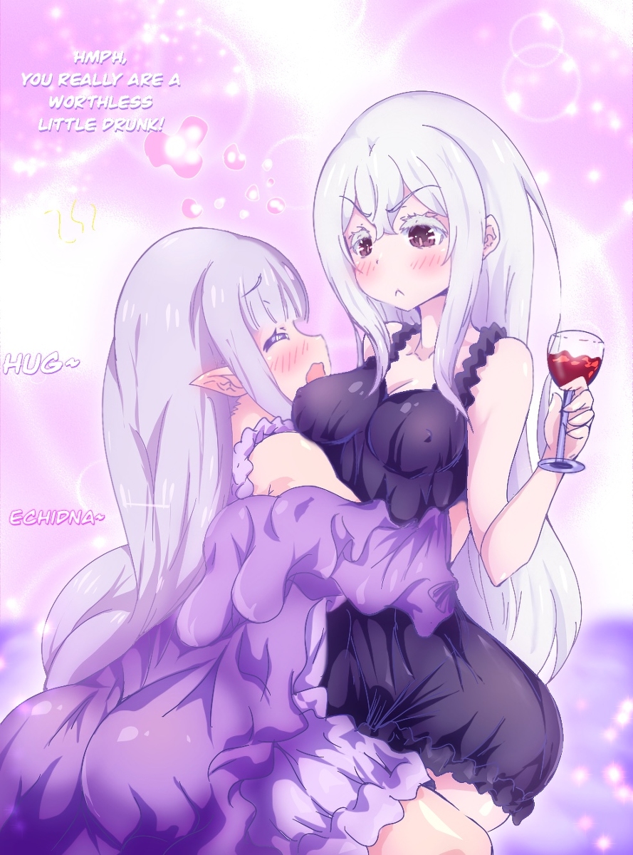 2022, 2d, 2girls, ass, big ass, black dress, blushing, breasts, bubble butt, butt, clothed, clothes, clothing, color, colored, curvy, curvy figure, dialogue, digital media (artwork), drunk, echidna (re:zero), elf ears, emilia (re:zero), female, female only, female/female, half-elf, hi res, holding object, hugging, hugging another, long hair, nipples visible through clothing, pointy ears, purple clothing, purple dress, re:zero kara hajimeru isekai seikatsu, red eyes, silver hair, tatigami, text, thighs, wine, wine glass, witch, yuri