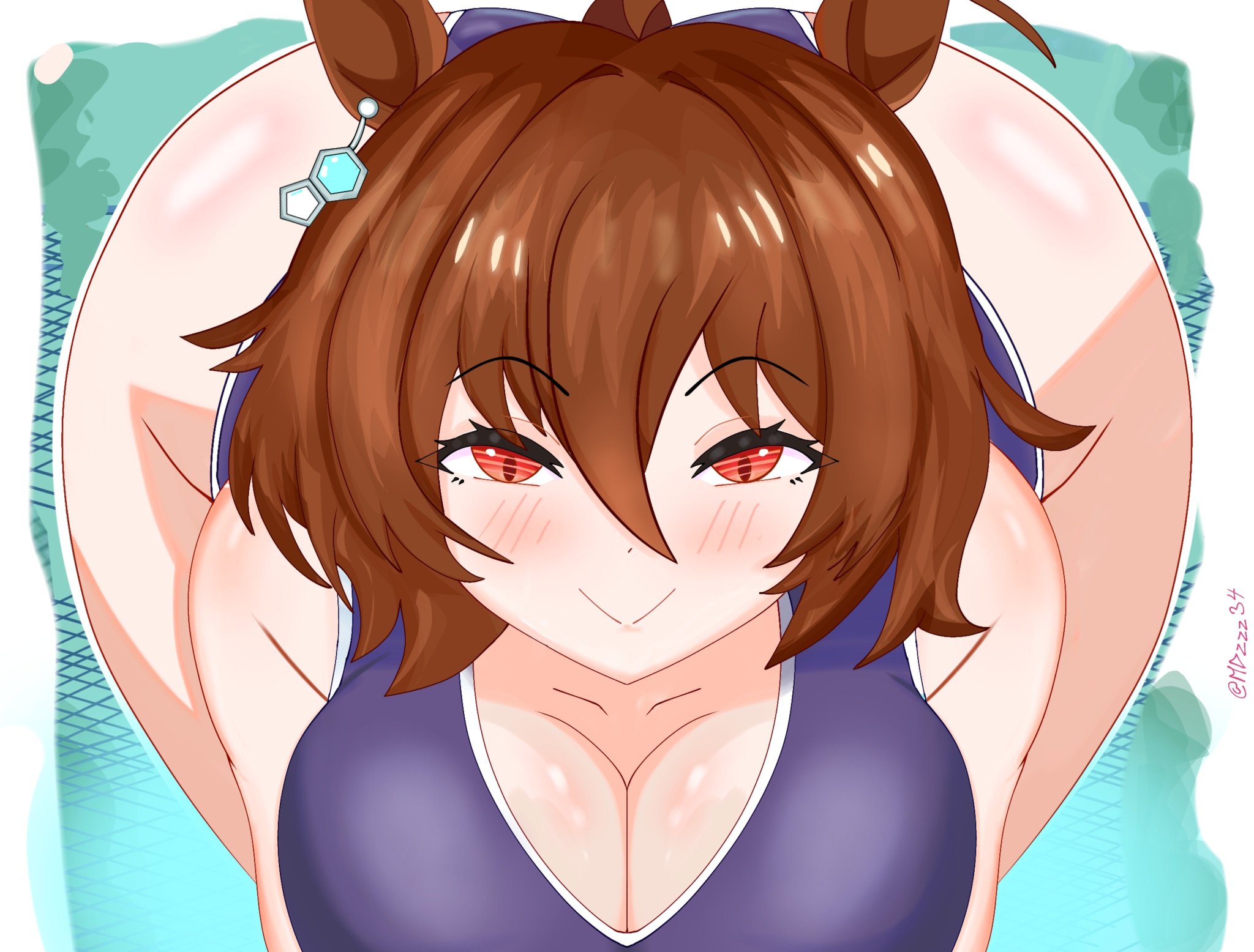 1female, 1girl, 1girls, 2d, agnes tachyon (umamusume), ass, ass up, ass up face down, ass visible from the front, azumanga daiou, bending over, bent over, big ass, big boobs, big breasts, big butt, big cleavage, big thighs, big tits, blush, blush lines, blushing at viewer, brown hair, butt, cleavage, hair ornament, horse, horse ears, horse girl, huge ass, looking at viewer, mdzzz34, medium hair, meme reference, orange eyes, please look forward to it, purple swimsuit, purple swimwear, reference, smile, smiling, smiling at viewer, smirk, smirking, smirking at viewer, smug, smug expression, smug face, smug smile, swimsuit, swimwear, thick thighs, thiren, umamusume, umamusume pretty derby