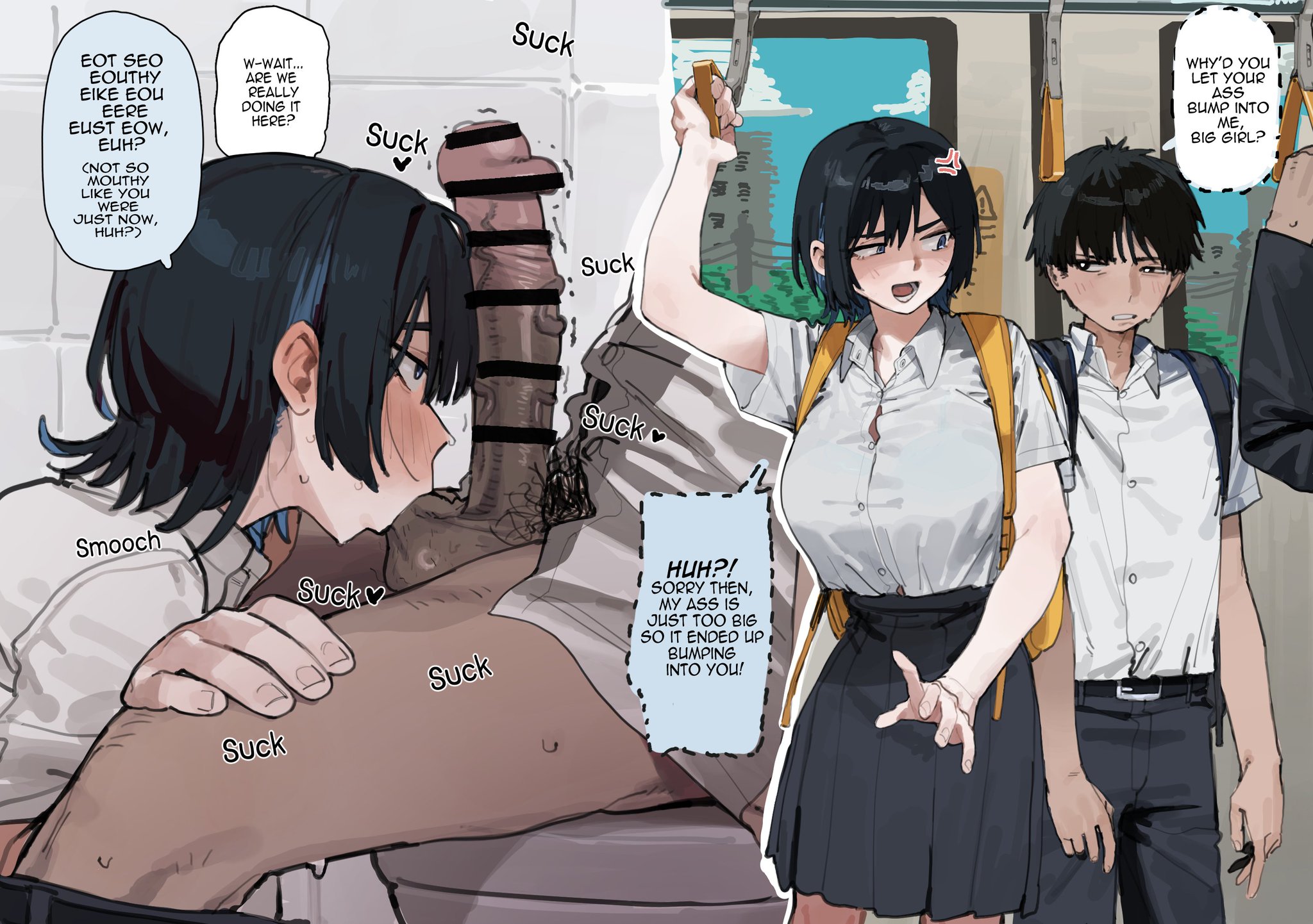 1boy, 1girls, anger vein, bathroom, beautiful girl, censored, english dialogue, english text, friends with benefits, lonklink, oral, original, original character, pleated skirt, pubic hair, short hair, skirt, sucking balls, sweat, taller female, text, tight clothing, train, train interior, unnamed characters, wholesome