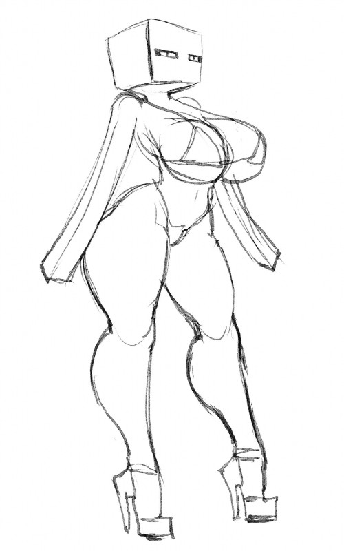 1girls, big breasts, bikini, breasts, enderman, enderwoman, female, female only, heels, humanoid, line art, minecraft, monochrome, simple background, solo, thick thighs