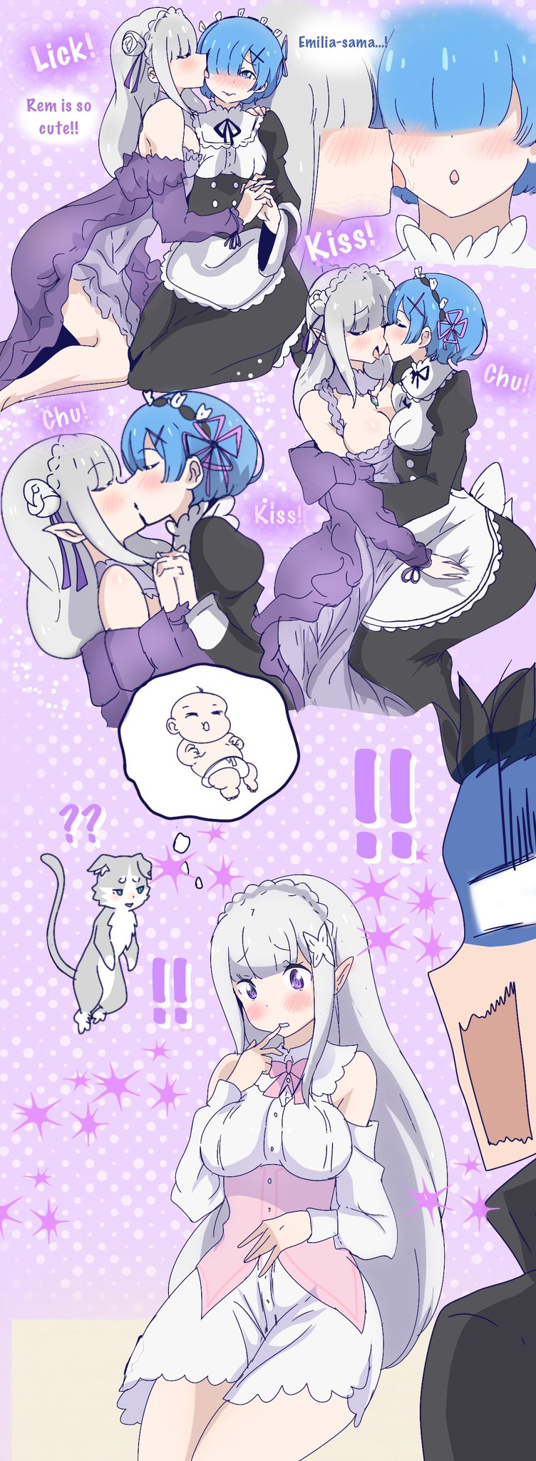 !!, 2d, 2girls, big breasts, blue hair, blushing, cheating girlfriend, cheek lick, clothed, clothes, clothing, color, colored, comic, comic page, confused, cucked by lesbian, curvy, dialogue, digital media (artwork), dress, drunk, drunk female, emilia (re:zero), english text, female, female focus, female/female, fully clothed, half-elf, hand on hip, hi res, holding hands, human, kiss on lips, kissing, kissing cheek, large ass, large breasts, lesbian, lesbian kiss, lesbian pregnancy, licking, licking cheek, light skin, light-skinned female, long hair, maid, maid uniform, making out, natsuki subaru, oni, onomatopoeia, pregnant, pregnant by lesbian, pregnant lesbian, pregnant with lesbian, puck (re:zero), purple dress, purple eyes, re:zero kara hajimeru isekai seikatsu, rem (re:zero), short hair, silver hair, surprised, tatigami, text, voluptuous, wide hips, yuri