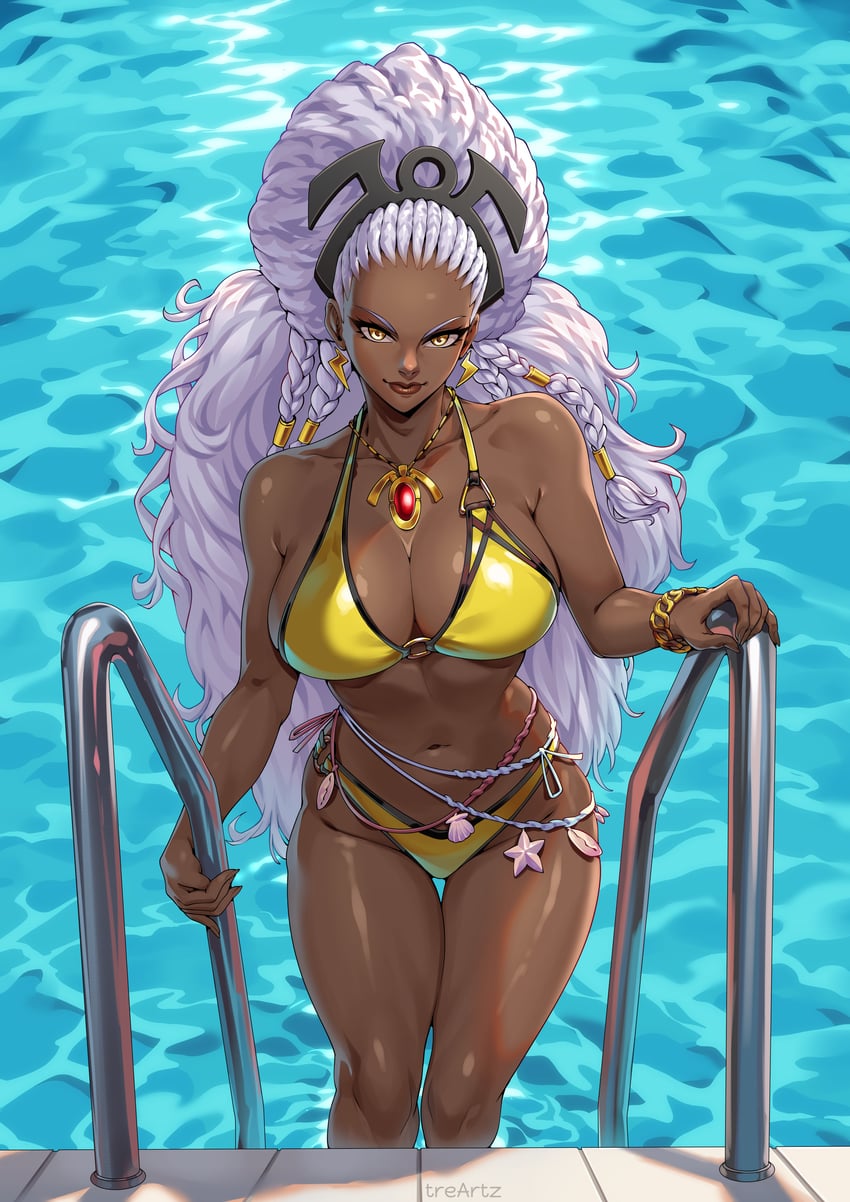 1girls, 2d, 2d (artwork), 2d artwork, african, african female, alternate costume, big breasts, breasts, chocolate girl, cleavage, clothed, curvy, curvy figure, dark-skinned female, earrings, ebony, ebony female, egyptian female, fully clothed, hips, jewelry, lightning bolt symbol, long hair, looking at viewer, marvel, marvel comics, marvel rivals, mutant (marvel), navel, official alternate costume, ororo munroe, pool, pool ladder, solo, solo female, solo focus, storm (marvel rivals), storm (sacred skies), storm (x-men), swimsuit, thighs, treartz, twitter, very long hair, water, white hair, wide hips, yellow bikini, yellow eyes, yellow swimsuit